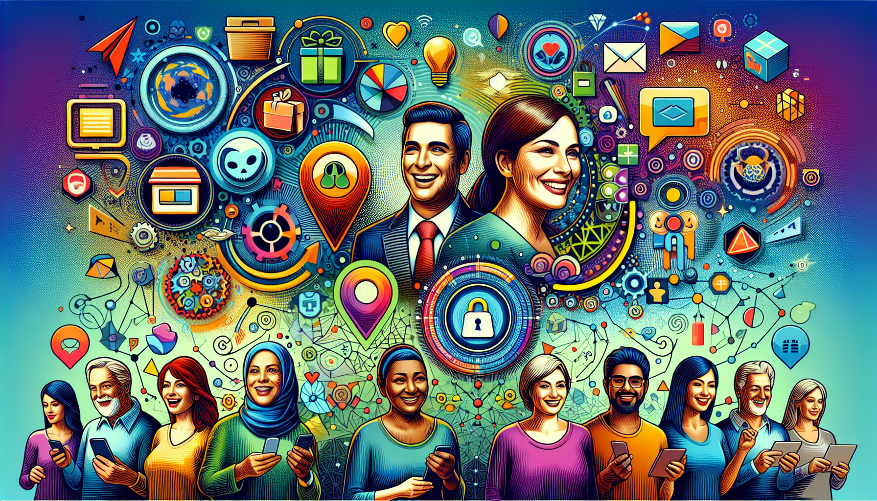 Illustration of diverse people using mobile devices with various colorful digital and internet icons above them, representing global connectivity, social interactions, and customer retention platforms.