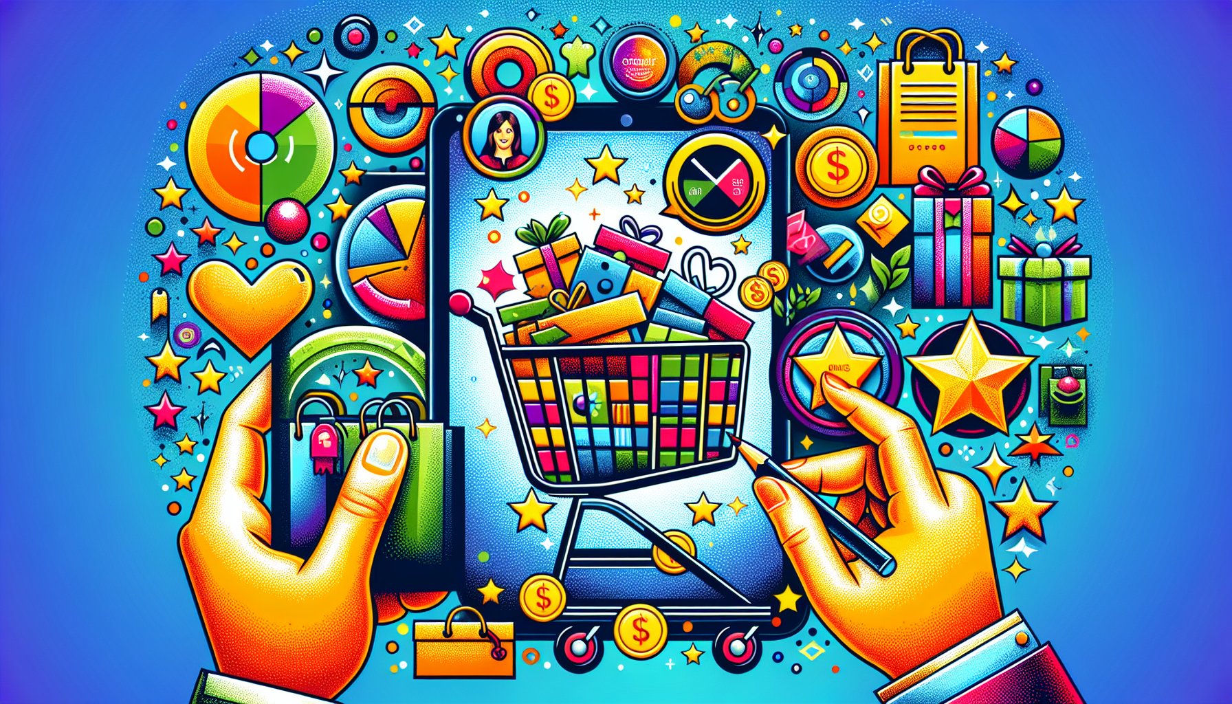 Colorful illustration of online shopping concept. A hand holds a device displaying a shopping cart full of items, surrounded by various icons like stars, dollar signs, gifts, and shopping bags—highlighting the impact of customer engagement tools in enhancing the user experience.