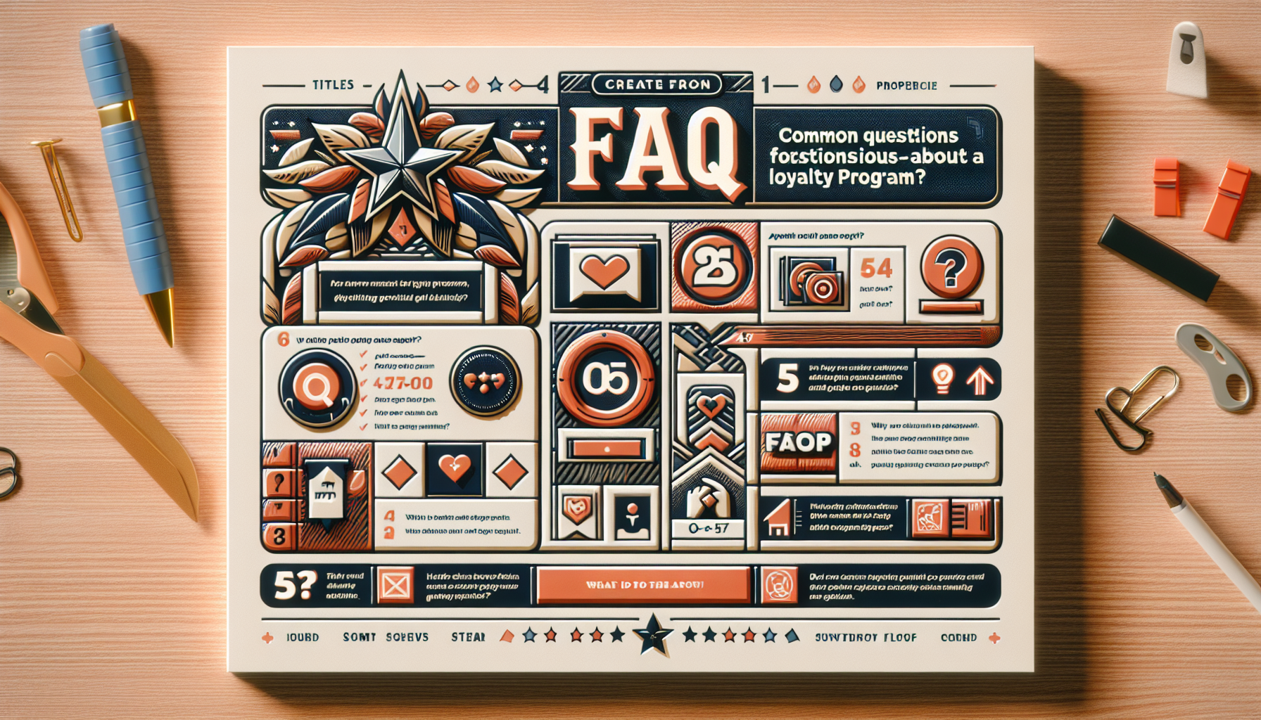 Infographic discussing common questions and facts about a customer rewards program, featuring various icons, statistics, a star graphic at the top, and surrounding desk items like pens, clips, and scissors.