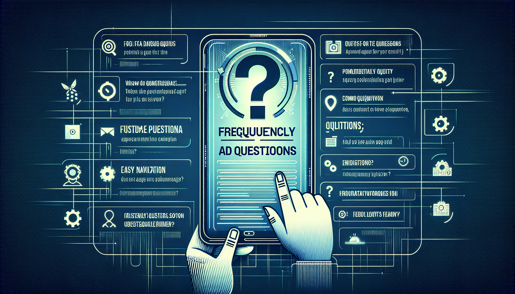 A digital illustration depicting a smartphone screen displaying "Frequently Asked Questions". Multiple icons and text boxes surround the screen, indicating various information and options related to FAQs, illustrating features of customer engagement software.