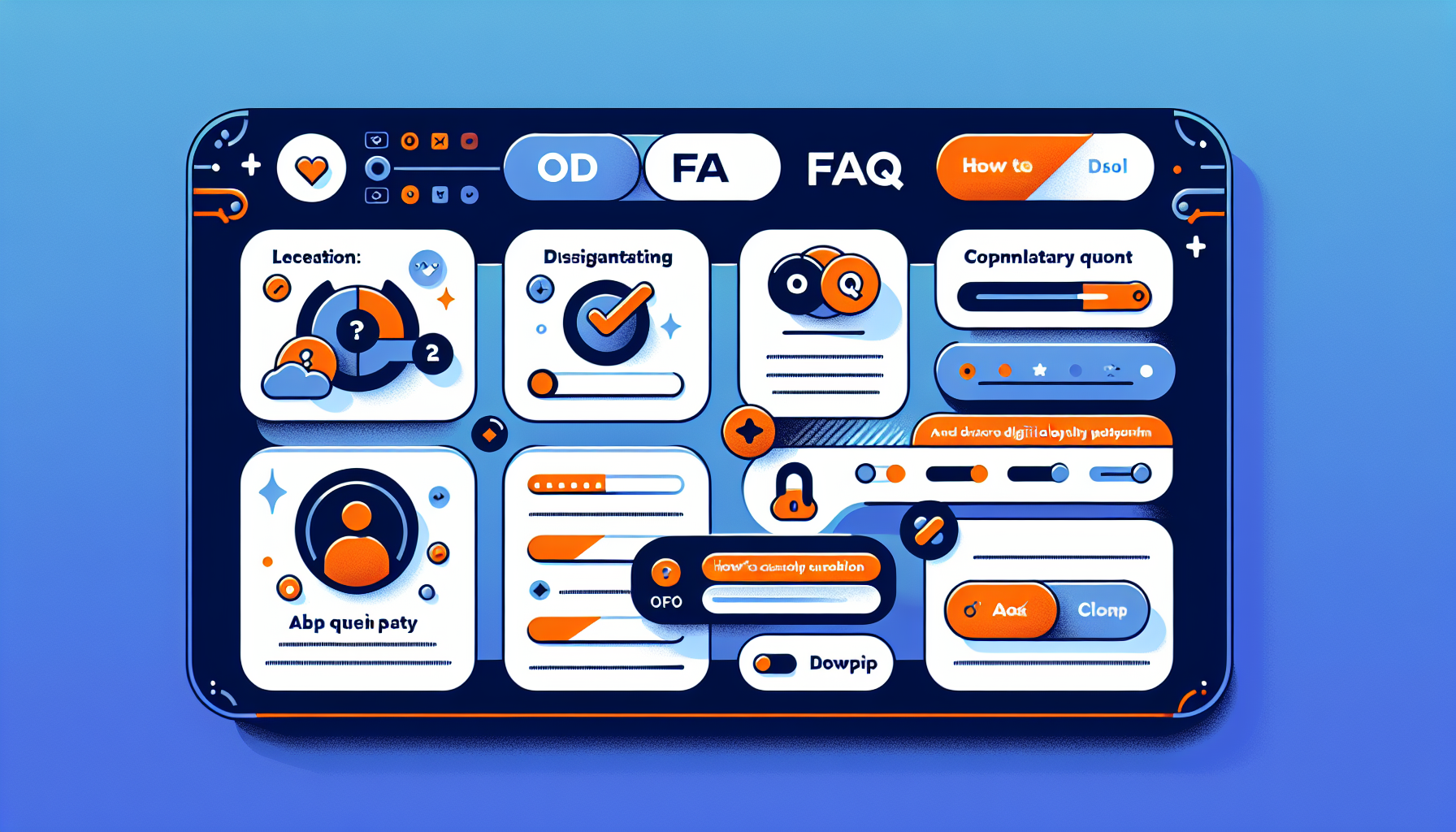 Colorful, stylized infographic with various sections of text and icons, including checkmarks, sliders, and user avatars. Sections are labeled with nonsensical jargon like "OD," "FA," "FAQ," and more. Highlighting the benefits of digital loyalty platforms like mobile loyalty solutions and digital stamp cards.