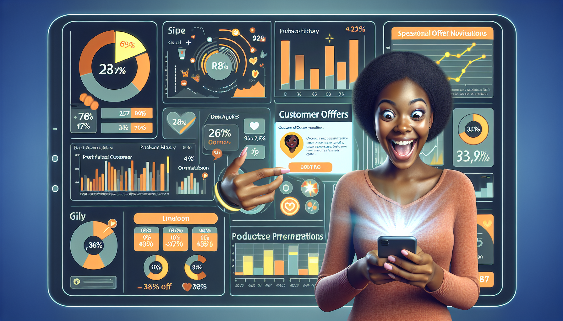 A woman excitedly looks at her smartphone as a hand pointing at data charts and customer offer notifications is shown on a large digital screen in the background, highlighting the effectiveness of customer retention software.