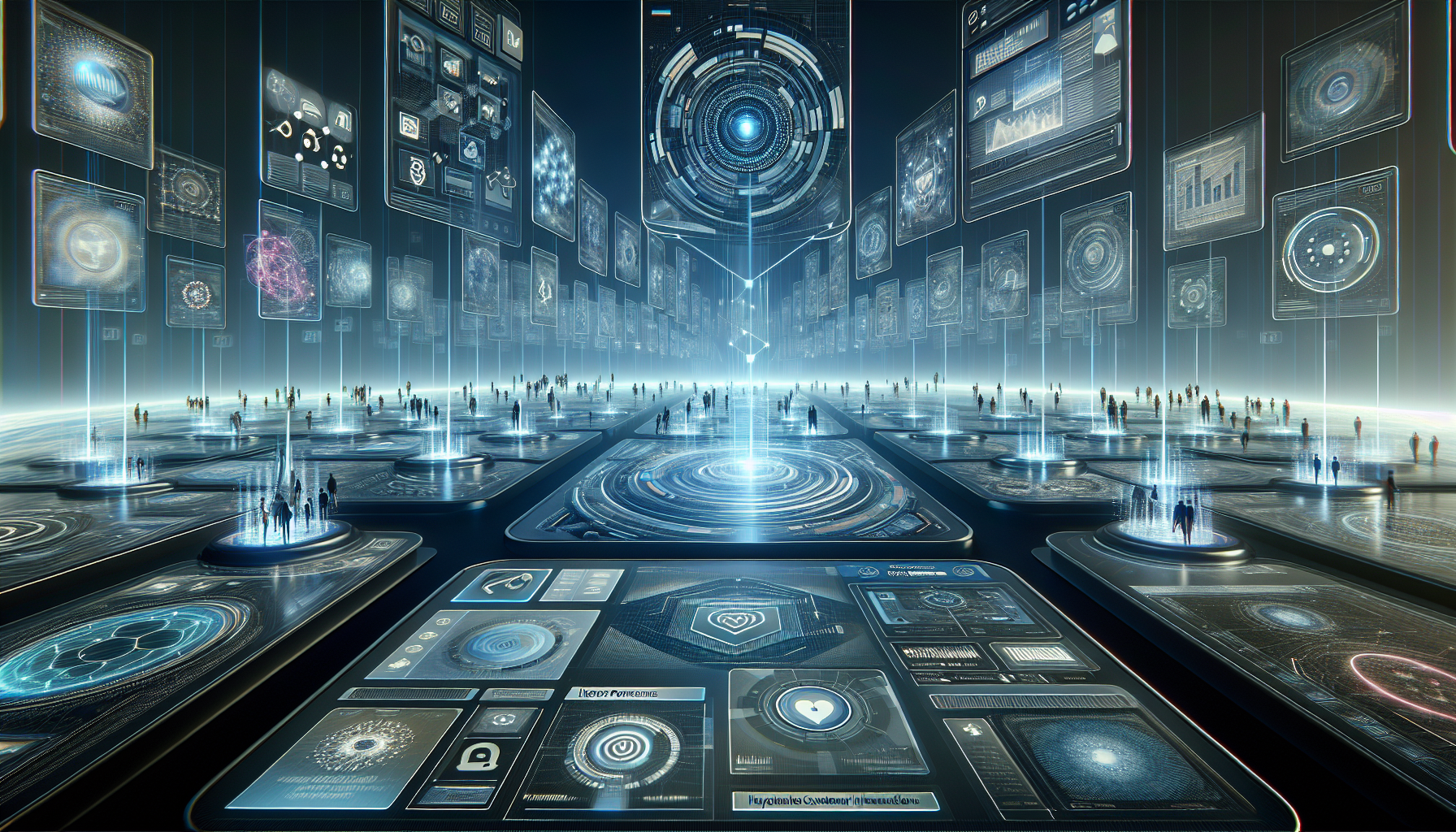 A futuristic digital interface with multiple holographic screens displaying data, charts, and graphs. The scene depicts advanced technology with various interconnected platforms and optimized data points.