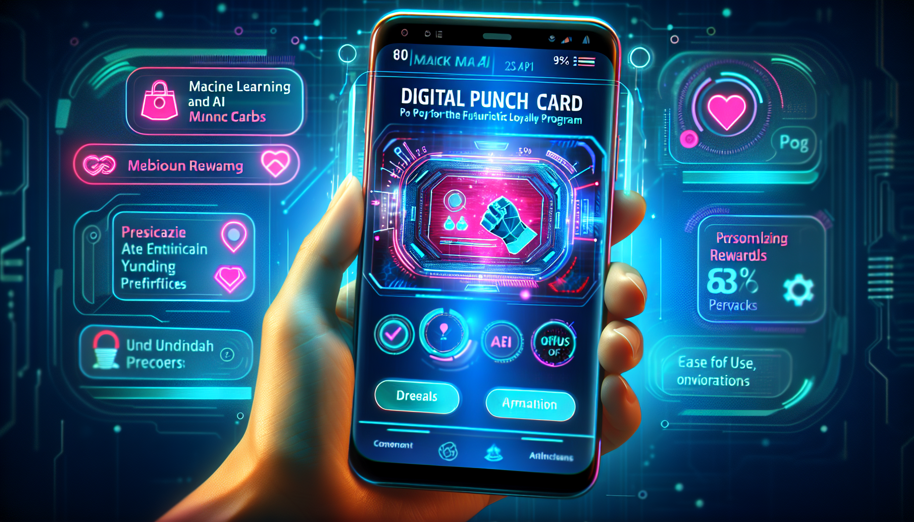 Hand holding a smartphone displaying a futuristic digital punch card loyalty program interface, surrounded by glowing icons and diagrams related to technology and health.