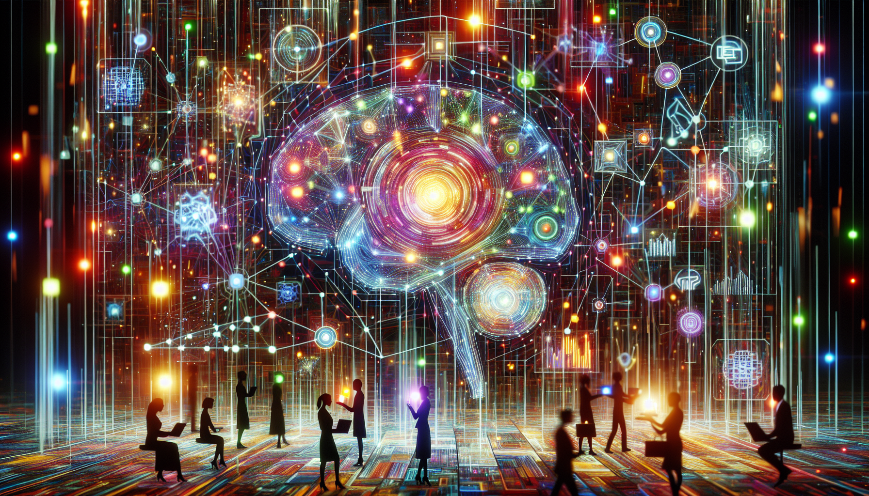 Illustration of a glowing brain in a digital matrix with people using technology and interconnected symbols representing data, communication, and dining rewards swirling around it.