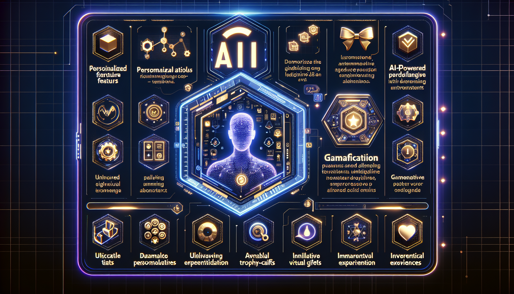 A futuristic interface displays various AI technologies and features, including a customer rewards program, personalized options, gamification, AI-powered predictions, and immersive experiences—all in a hexagonal layout.