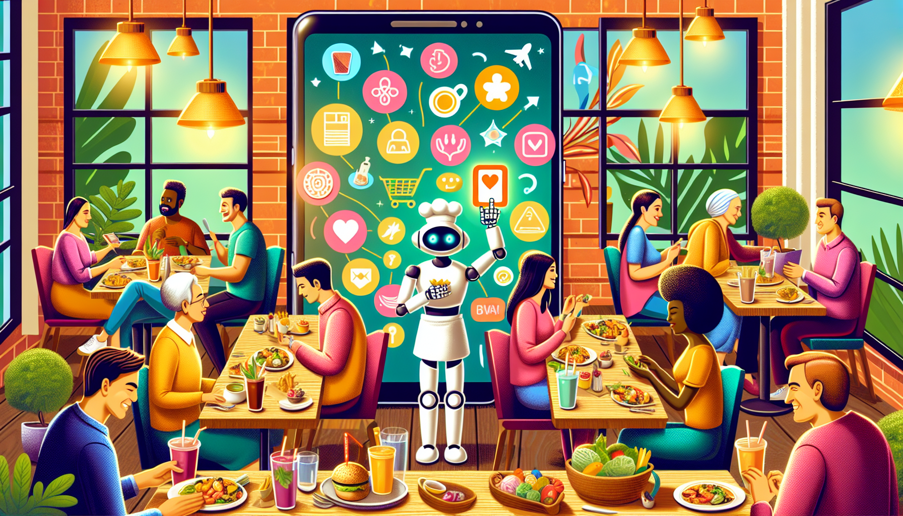 A robot chef presents a large smartphone displaying food-related app icons in a vibrant restaurant with diverse patrons eating and socializing, showcasing a personalized customer experience through the innovative restaurant customer loyalty program.