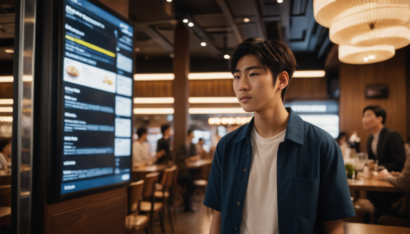 Young Asian man standing in a modern cafe with digital menu boards and innovative restaurant loyalty scheme promotions in the background.