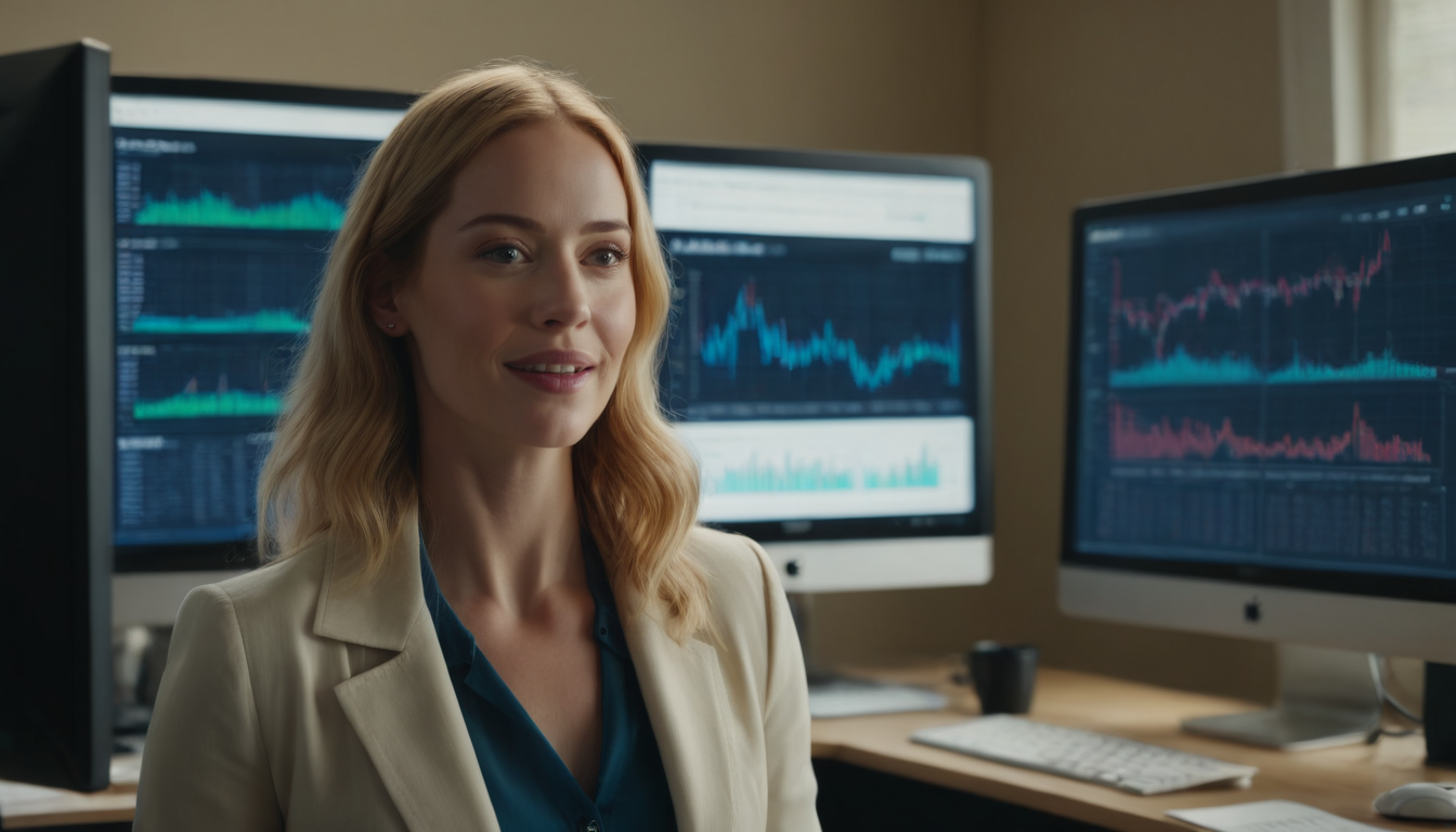 A smiling businesswoman sits in front of dual monitors displaying financial charts for a small business loyalty app.