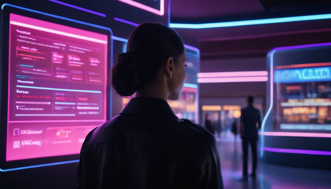 Woman in leather jacket looking at a large digital display advertising a small business loyalty software in a futuristic, neon-lit setting with people in the background.