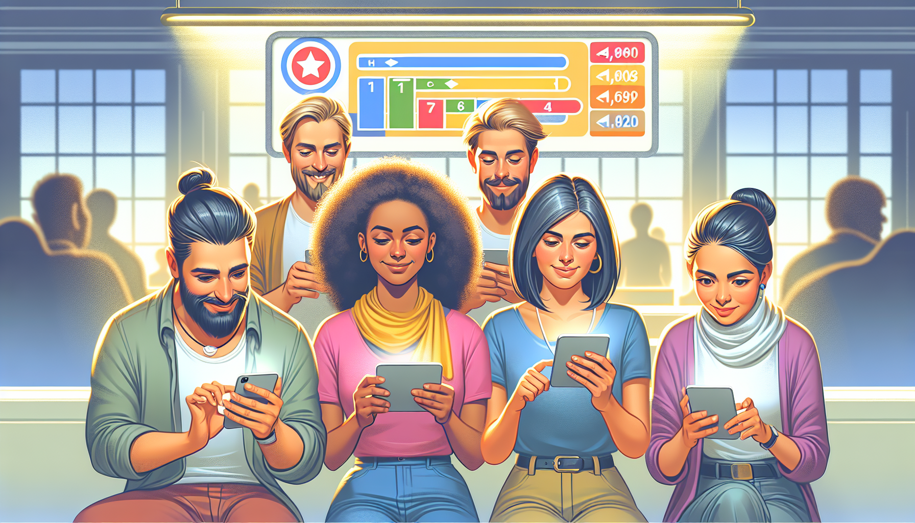 Six people sit in a row, each focused on their smartphones. A scoreboard with colored bars and numbers is visible in the background, hinting at a competitive game. The app promises personalized experiences and digital rewards, fostering customer retention through engaging gameplay.