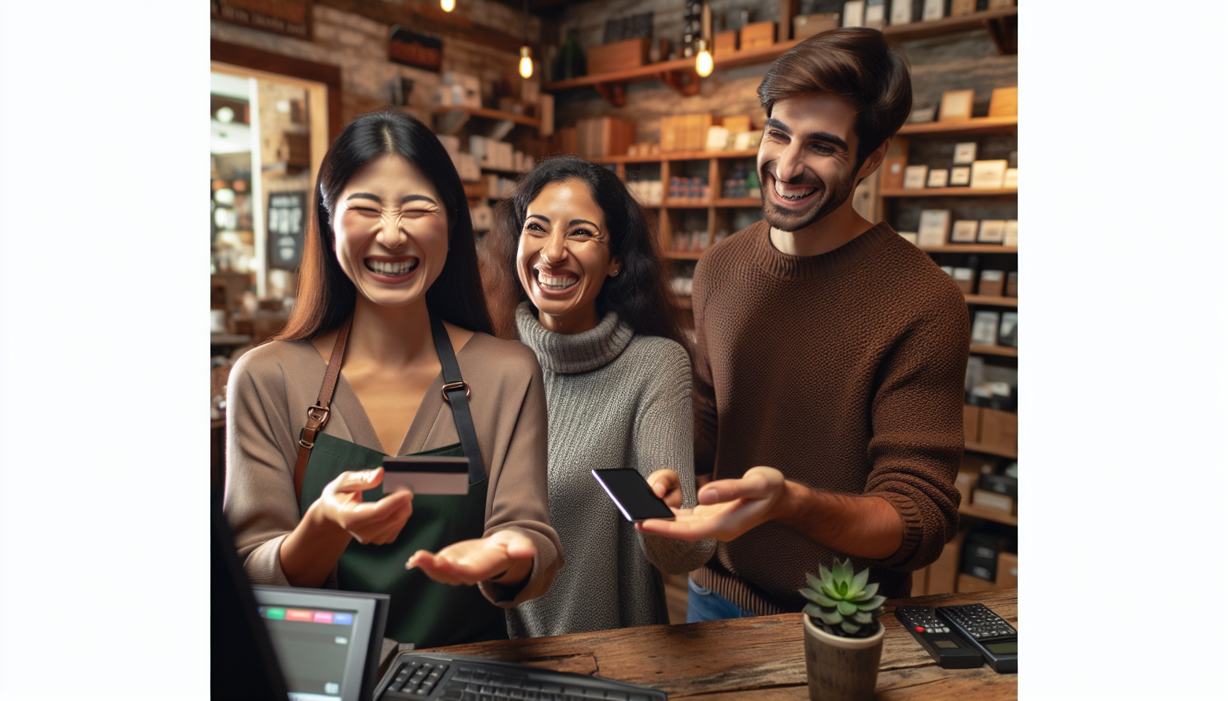 Three people smile at a counter in a coffee shop, with one holding a phone displaying a Digital Loyalty App, enhancing their experience and sparking interest in the latest engagement strategies.