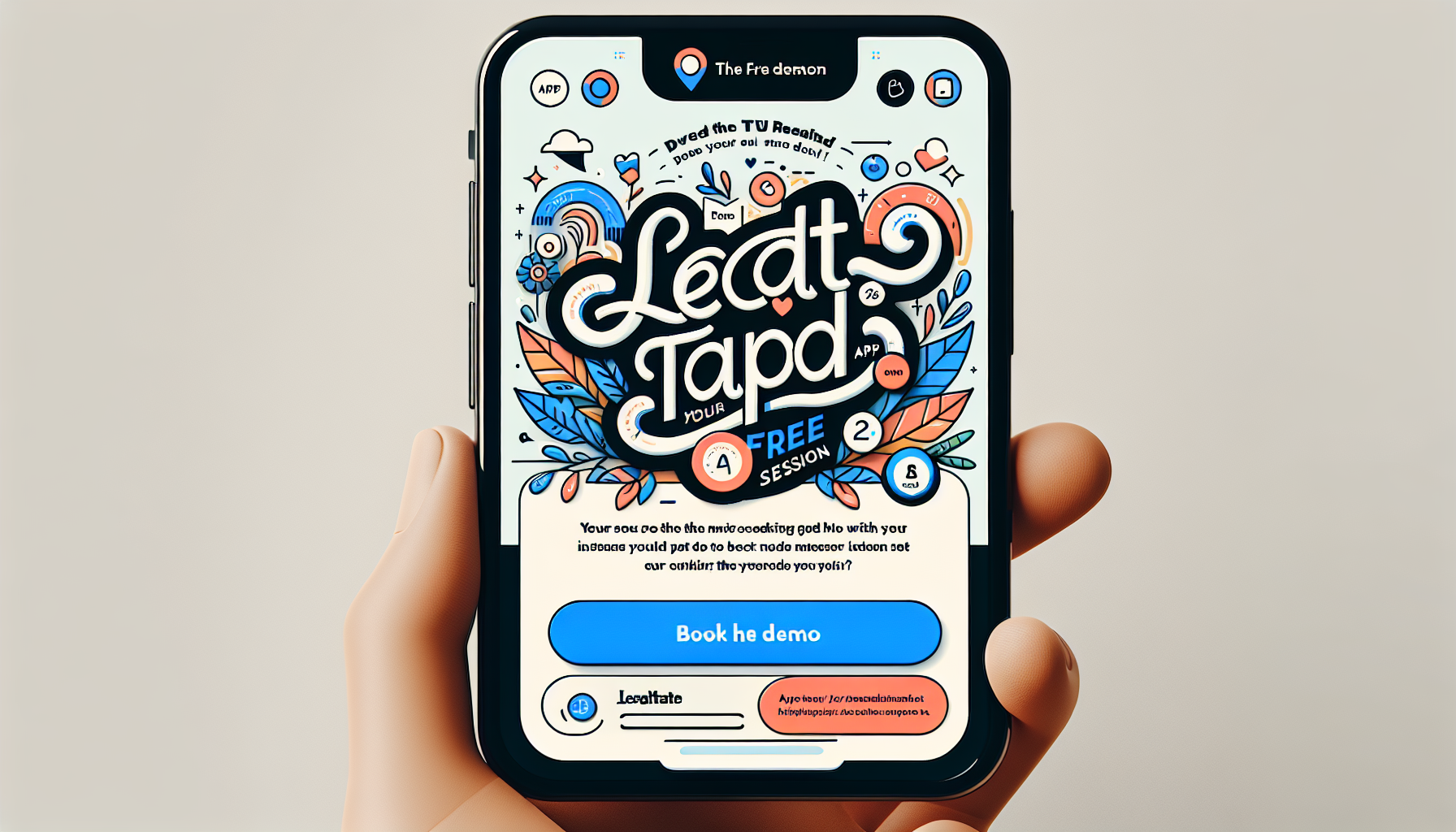 A hand holding a smartphone displaying an app interface for "éclat Lapap," promoting a free session with vibrant, doodle-style graphics and a "Book the demo" button. The app also incorporates mobile loyalty solutions to enhance customer engagement.