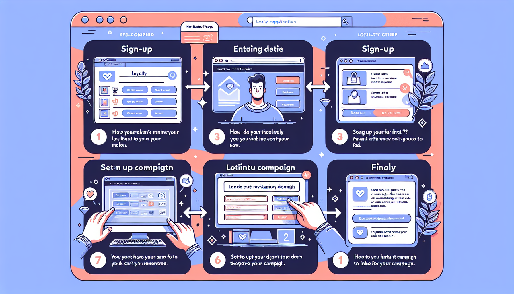 A step-by-step illustrated guide on how to set up and manage an online campaign, including signing up, entering details, and finalizing the campaign setup with a loyalty card app for small businesses, depicted in six sequential panels.