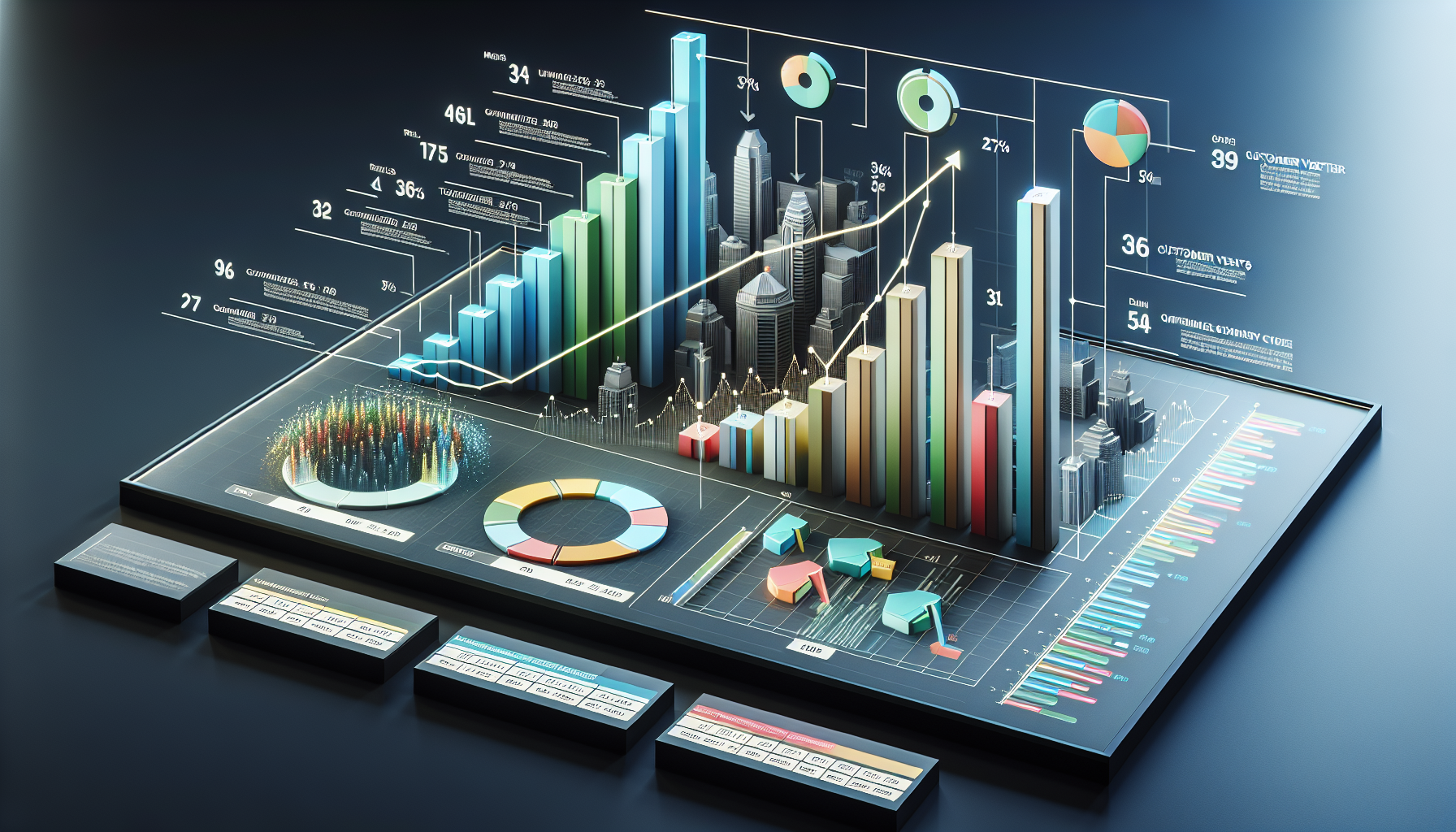 A futuristic 3D illustration of a detailed financial dashboard displaying various colorful graphs, charts, and loyalty program ideas for small businesses, set against a dark background.