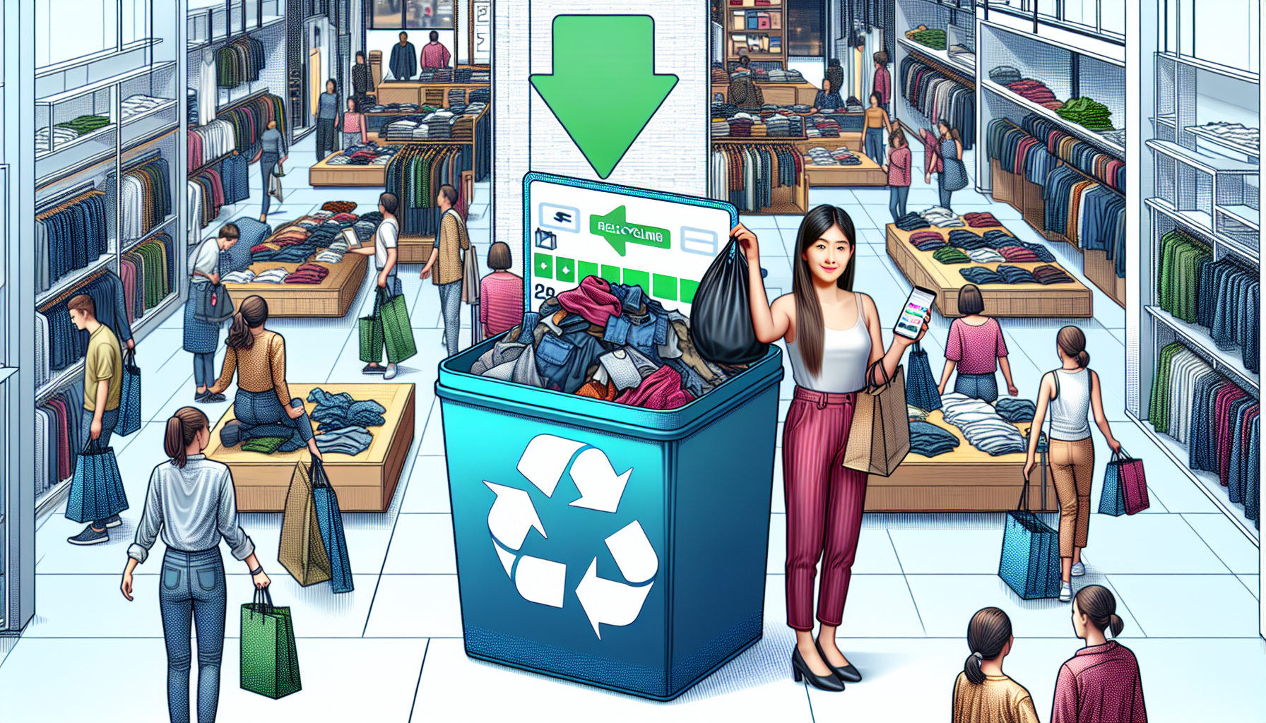 A woman stands next to a recycling bin with bags of clothes in a retail store. Shoppers browse racks of clothing in the background. A large green arrow points to a card depicting a customer loyalty program.