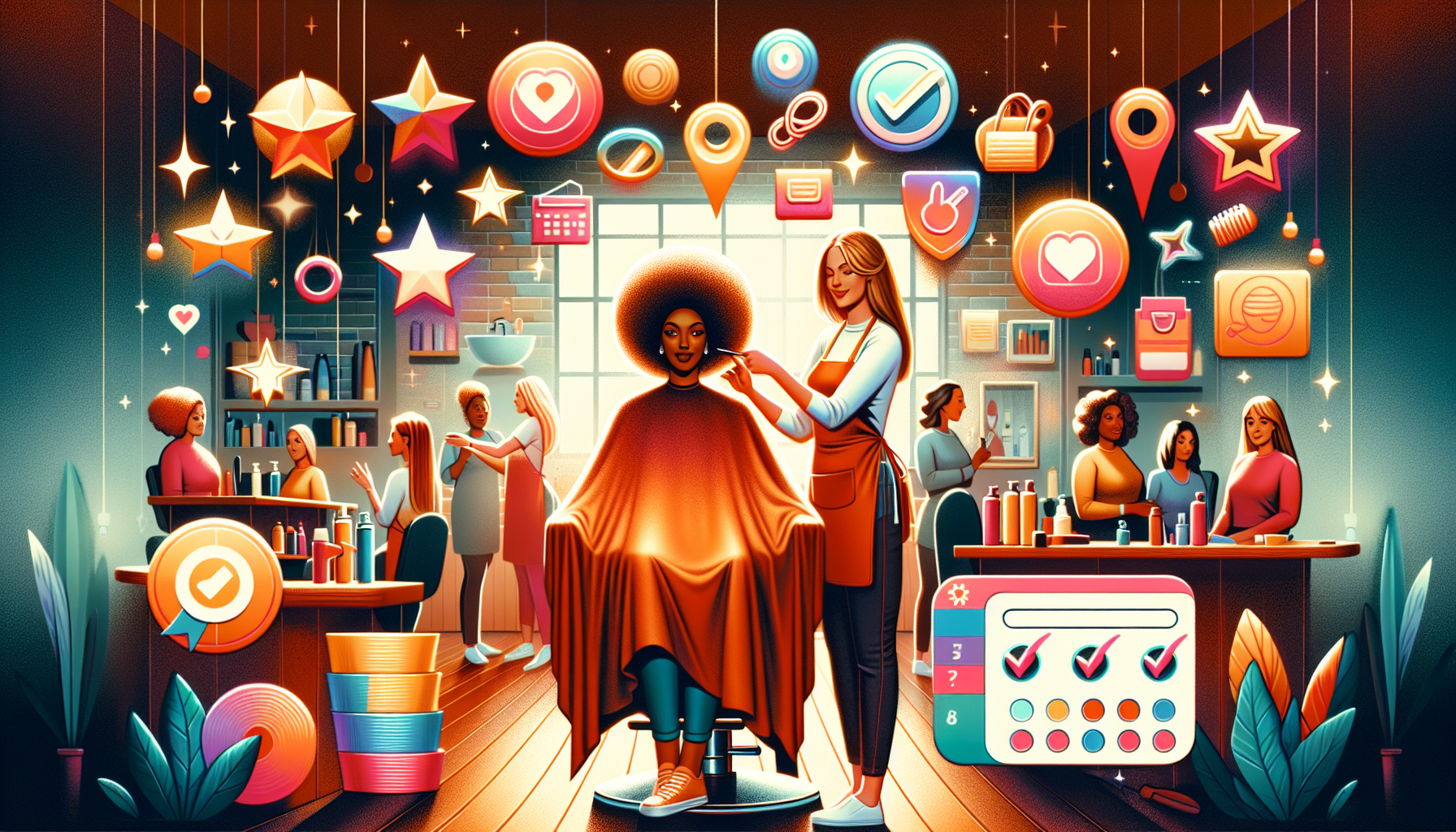 A diverse hair salon scene with a stylist working on a client's hair. Various icons and symbols represent quality and service checks, loyalty rewards, and customer retention floating above and around. Other clients and stylists are visible in the background.