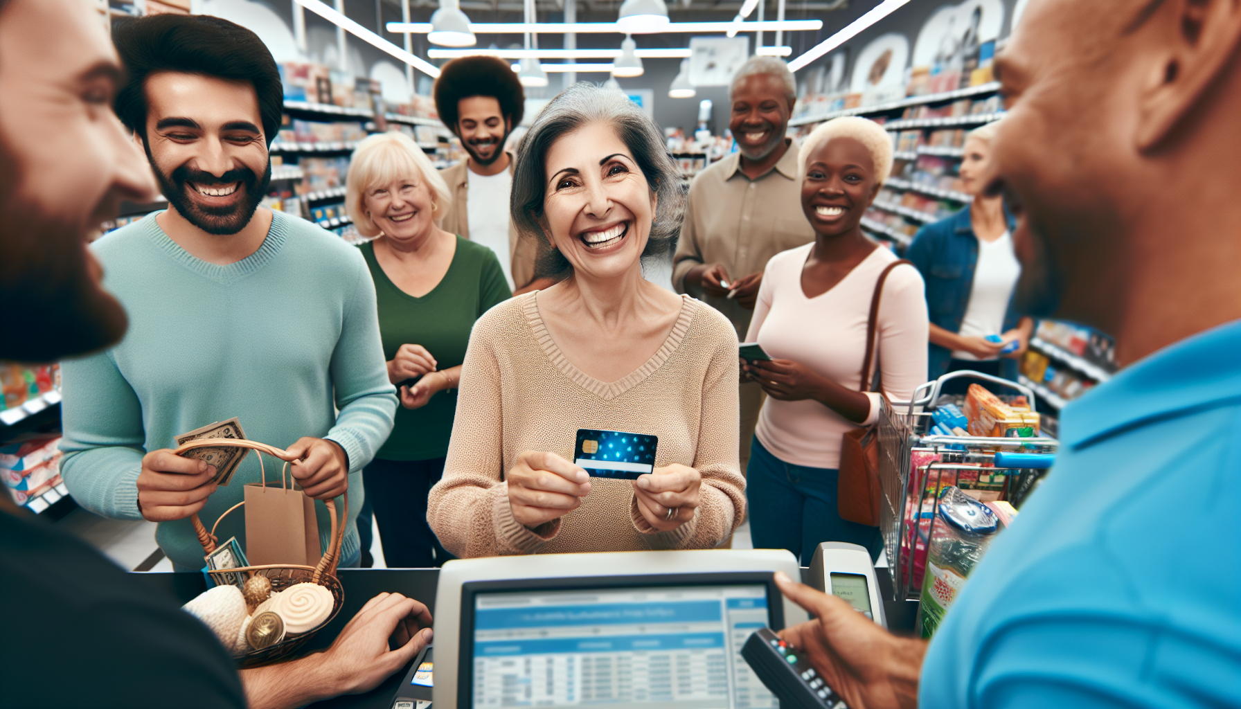 Customers smiling at a cashier in a grocery store; a woman in the foreground is holding a credit card, excited to use her loyalty rewards.