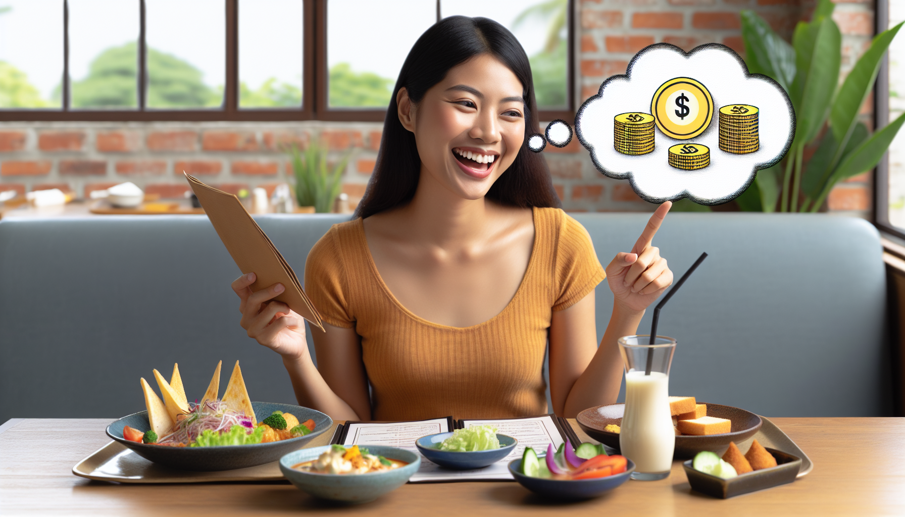 A woman smiles and points at a thought bubble showing stacks of coins while sitting at a table with various dishes, embodying the benefits of a restaurant loyalty rewards system.