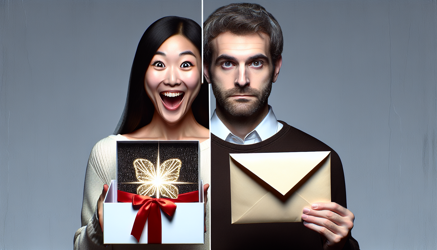 A woman on the left joyfully holds a gift box with a glowing bow, showcasing the success of customer engagement, while a man on the right holds a plain envelope with a neutral expression.