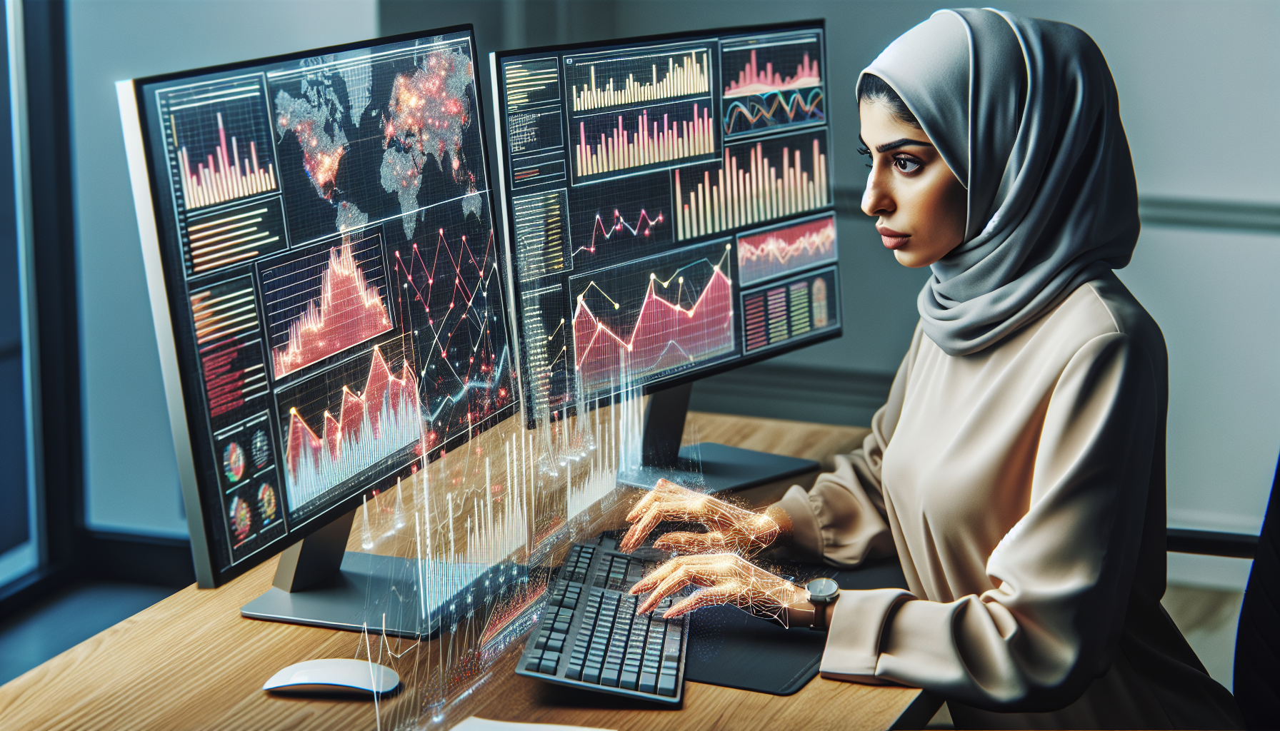 A woman in a hijab uses a computer with multiple monitors displaying colorful data charts and maps, showcasing customer analytics with vibrant insights.