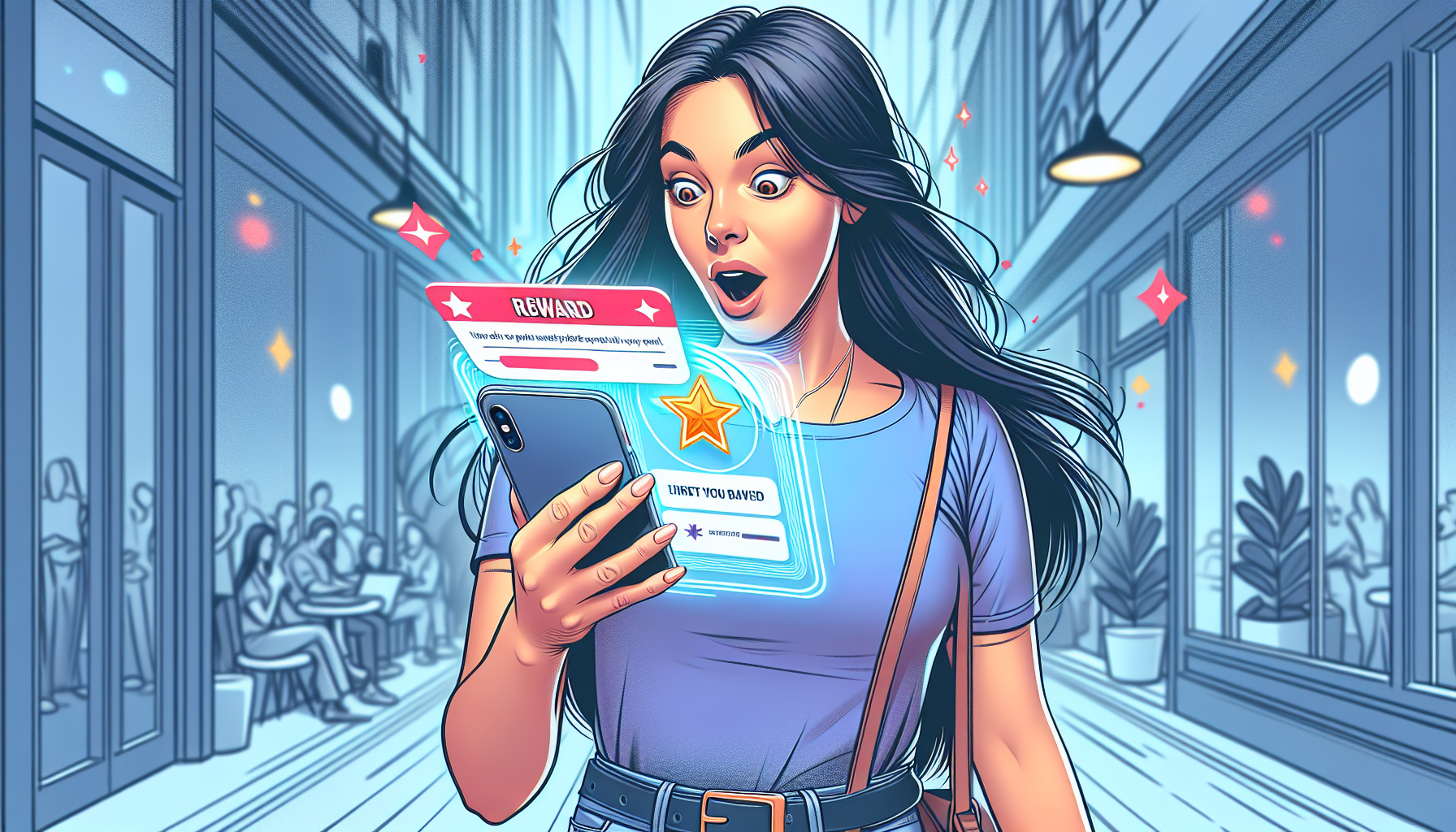 A surprised woman looks at her phone displaying a reward message and star icon, thanks to the loyalty card program software, while standing on a street bustling with people in the background.