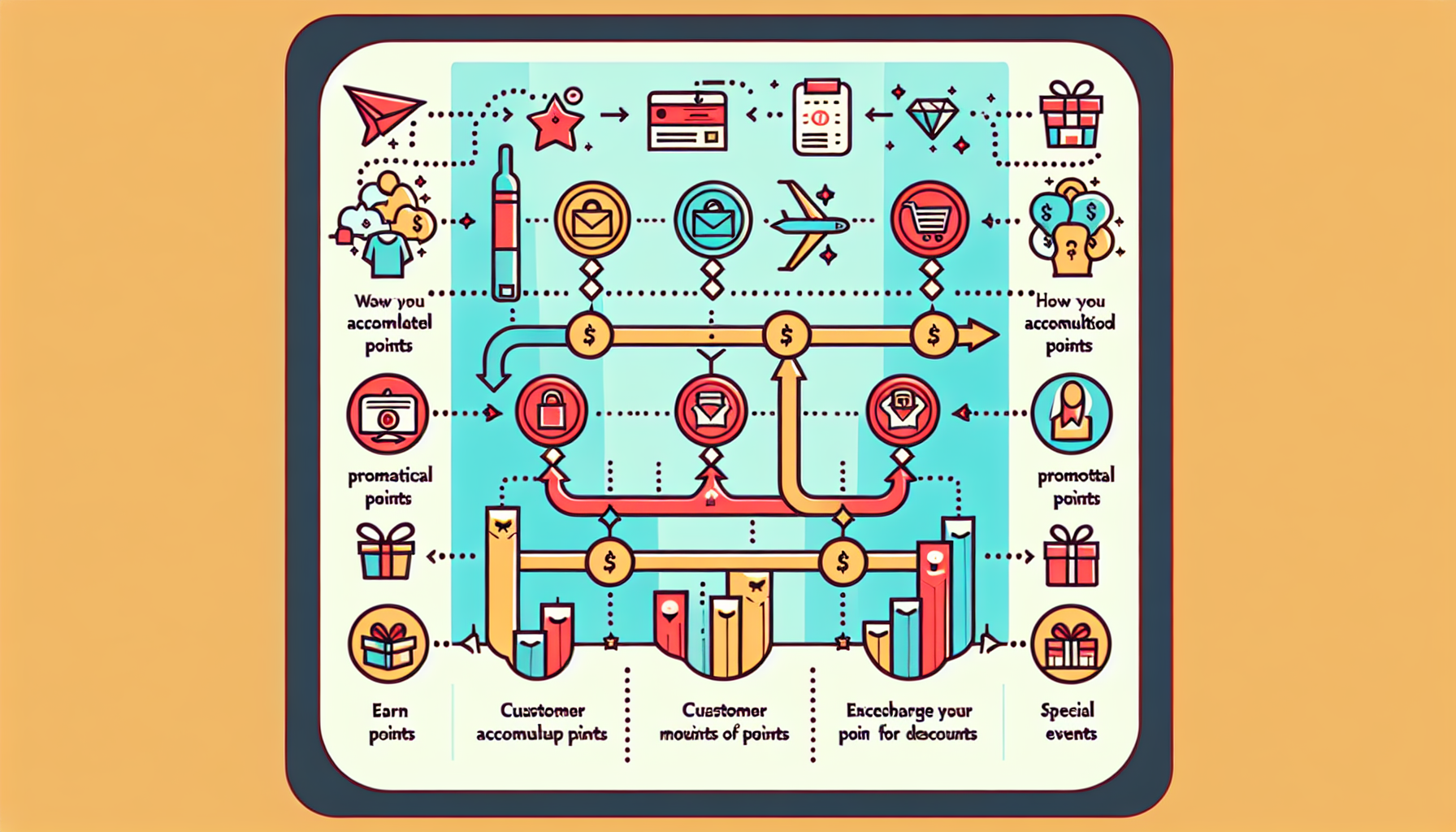 Flowchart illustrating a customer loyalty program process. Steps include earning points, accumulating points, viewing points, customer actions, redeeming points for discounts, and promotional deals. Icons and arrows guide you through this effective reward system example.