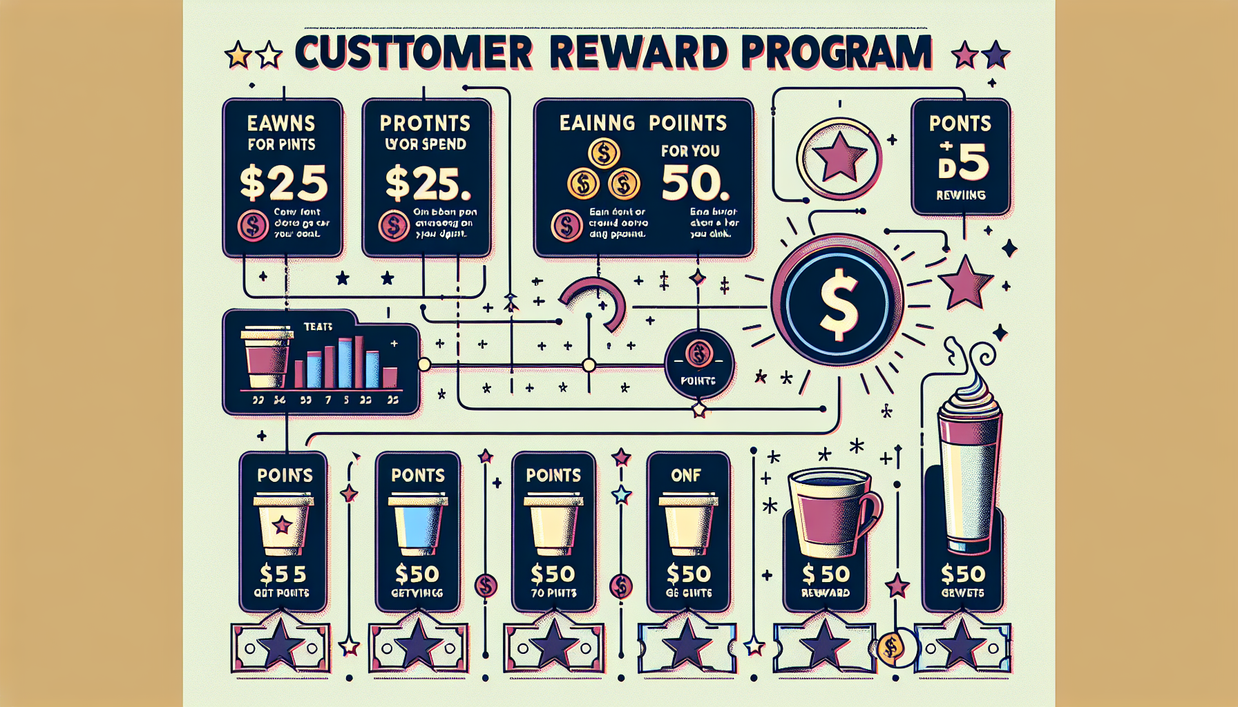 Infographic detailing a "Customer Reward Program" with points system for earning rewards like coffee, muffins, and gift certificates upon spending. Similar to Starbucks member rewards, benefits range from $5 to $50 based on points earned.