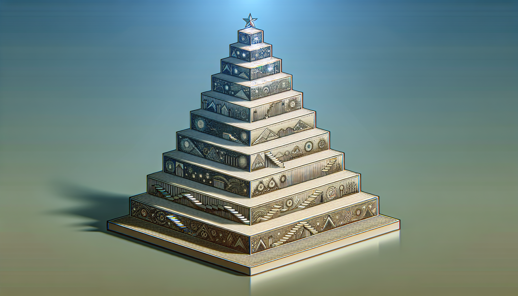 A digitally rendered, metallic pyramid composed of several stacked, progressively smaller rectangular layers, each adorned with intricate, varied patterns and topped with a star, much like the tiered structure seen in sophisticated reward system examples.