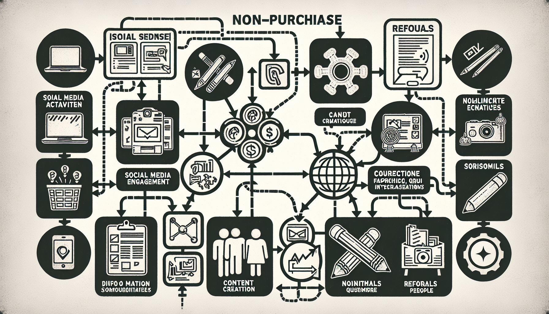 Infographic showcasing the interconnected elements related to non-purchase behavior, featuring icons for social media, content creation, referrals, user interactions, and brand loyalty initiatives.