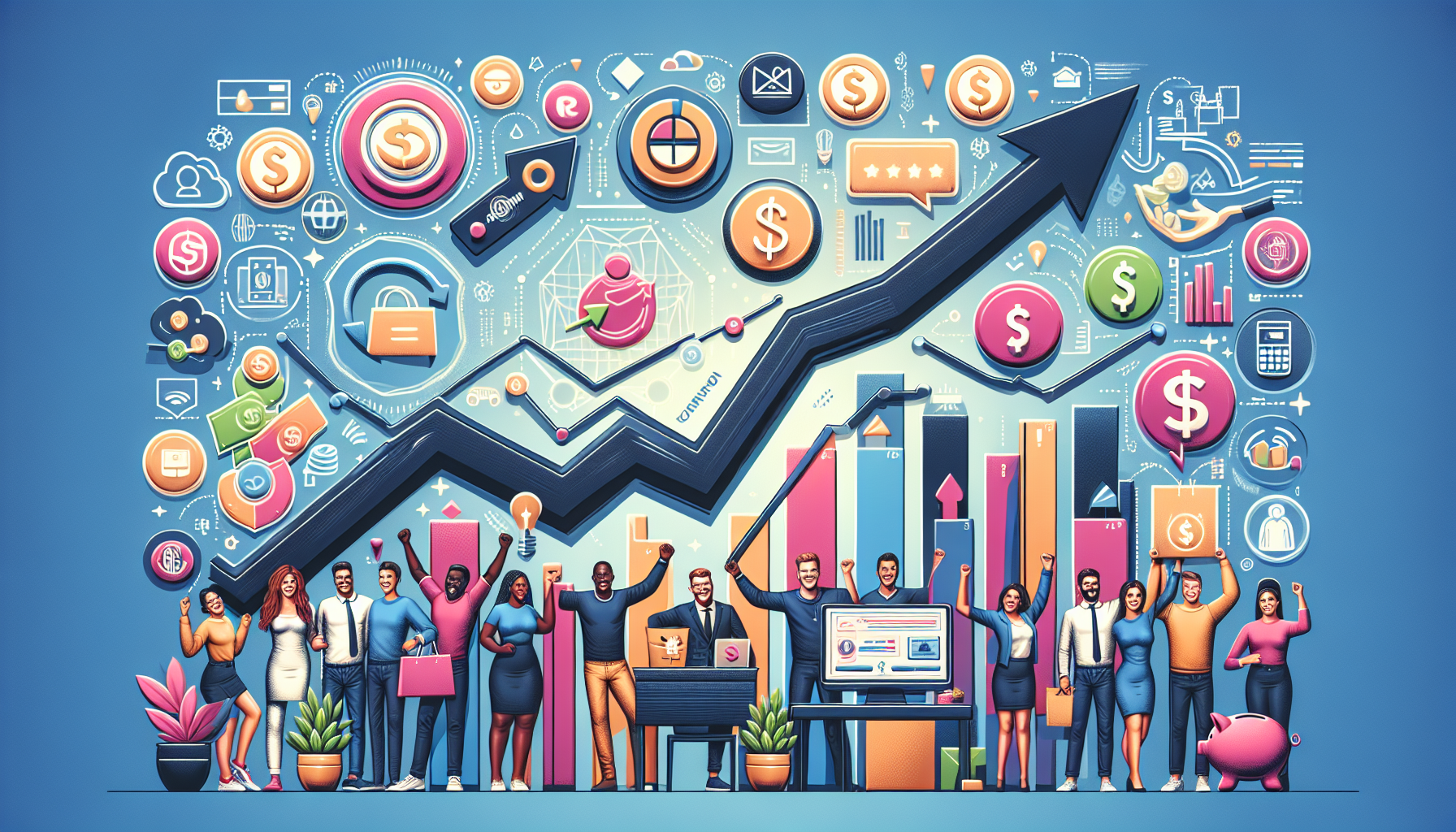 A diverse group of people stands in front of a rising financial graph, with various financial icons, bar charts, and symbols surrounding them, depicting economic growth and success driven by effective customer retention and loyalty programs.