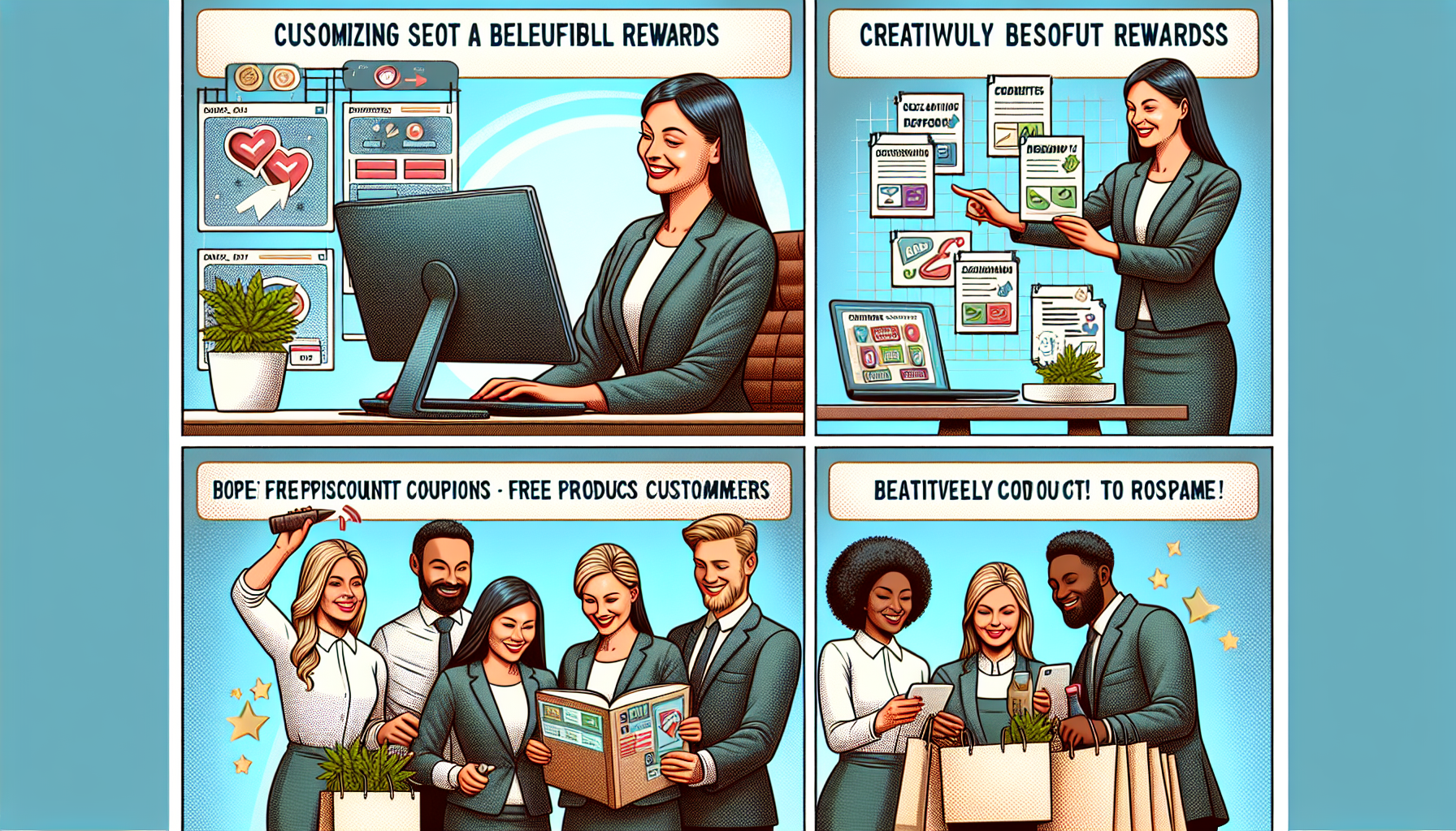 A four-panel comic strip illustrates a woman using a loyalty card app for rewards customization, displaying and presenting rewards to her team, and celebrating with her colleagues.