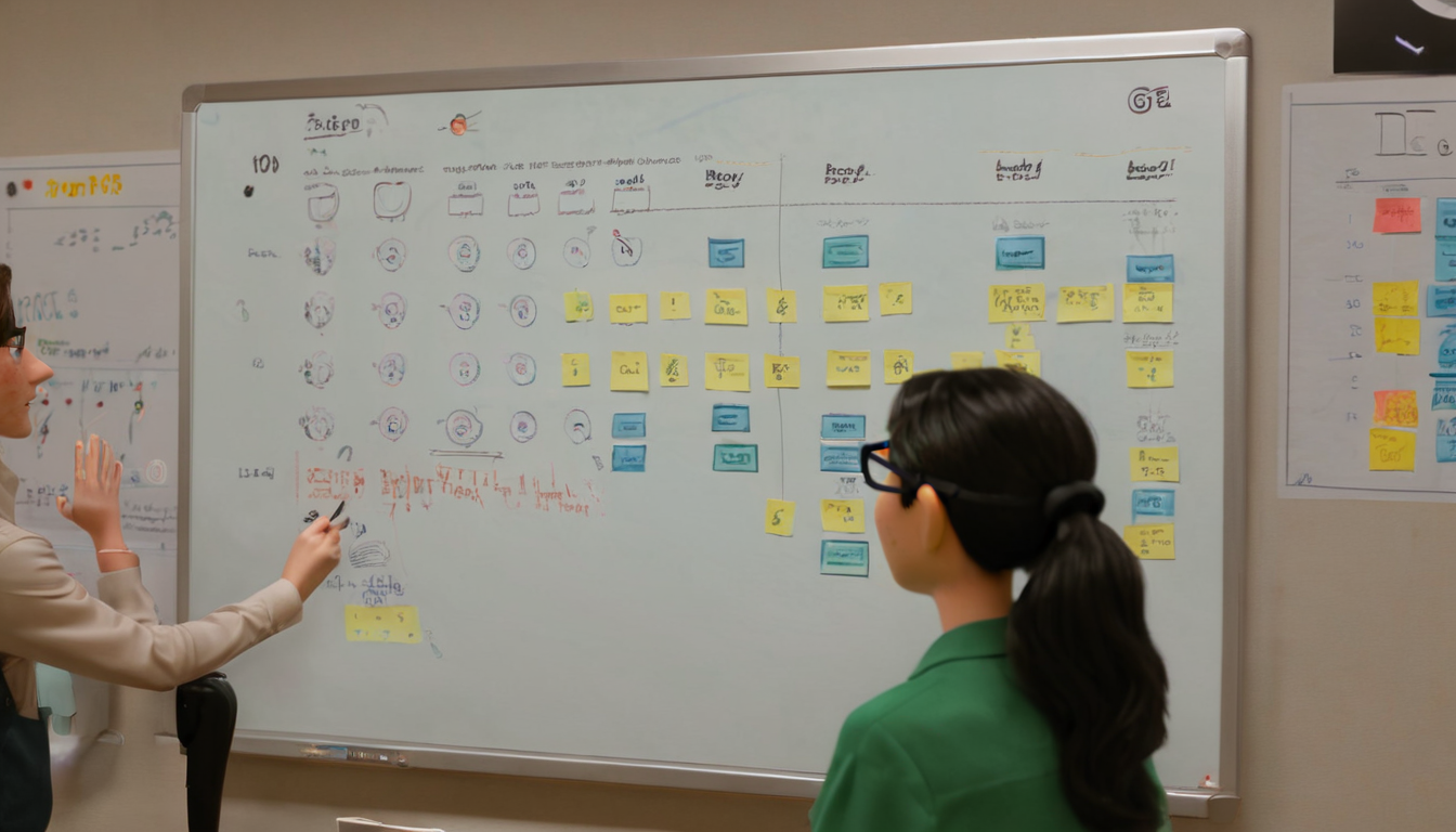 Two individuals are standing in front of a whiteboard filled with charts, diagrams, and sticky notes, engaged in discussion about customer loyalty initiatives.