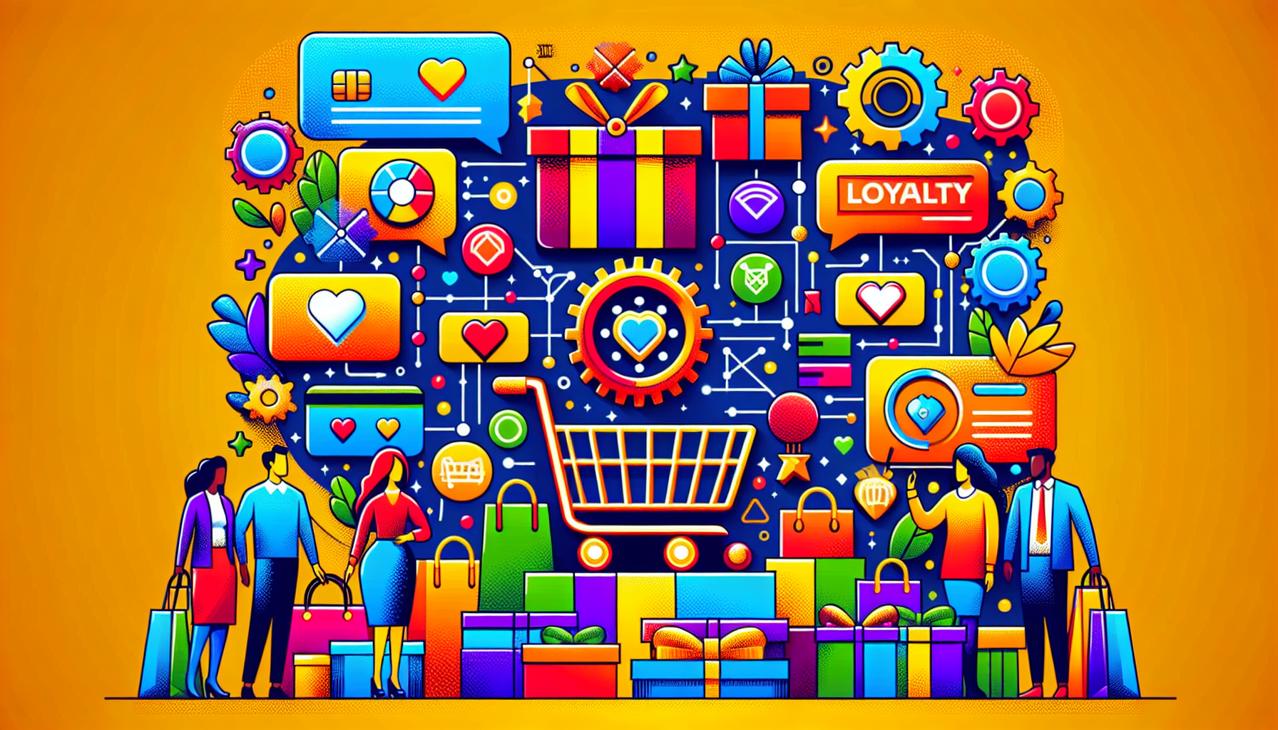 Illustration of people shopping, with a central shopping cart and various digital icons like hearts, gifts, and loyalty signs, symbolizing online shopping and Rewards Management System.