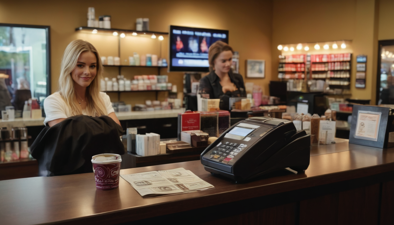 Woman smiling at the camera in a hair salon, with a barista working in the background. A cup of coffee and cash on the counter in the foreground.