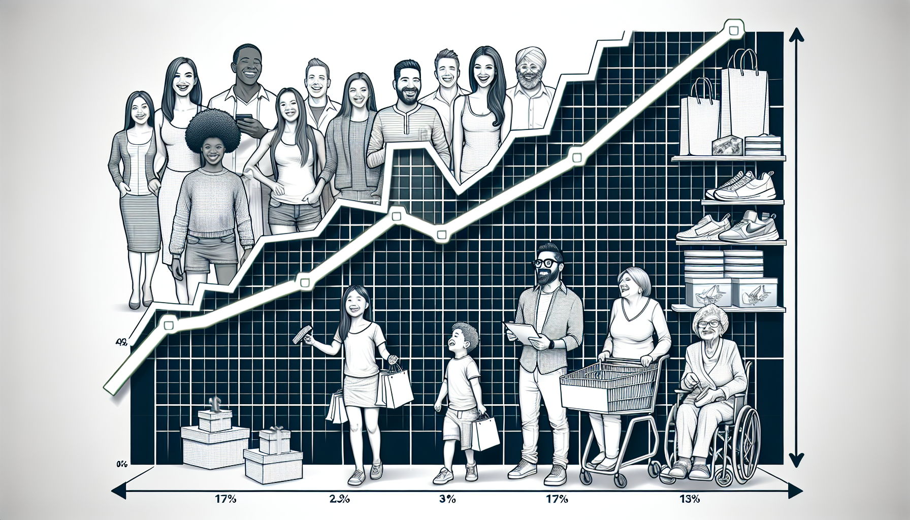 Illustration of diverse age groups, ethnicities, and economic activities in front of a growing line graph. People are shopping, handling gadgets, and using carts and wheelchairs, depicting consumer habits influenced by a loyalty rewards system.