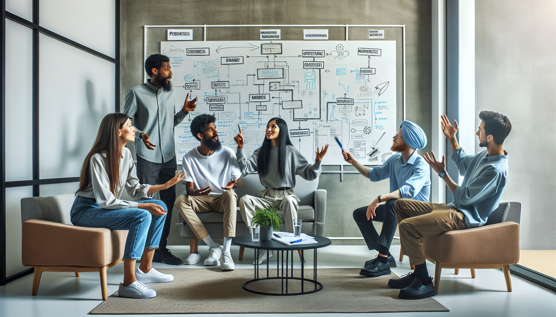 A diverse group of six people are discussing and gesturing while seated in a modern office lounge. Behind them, a whiteboard filled with various diagrams and sticky notes illustrates their deep dive into market segmentation and customer behavior analysis.