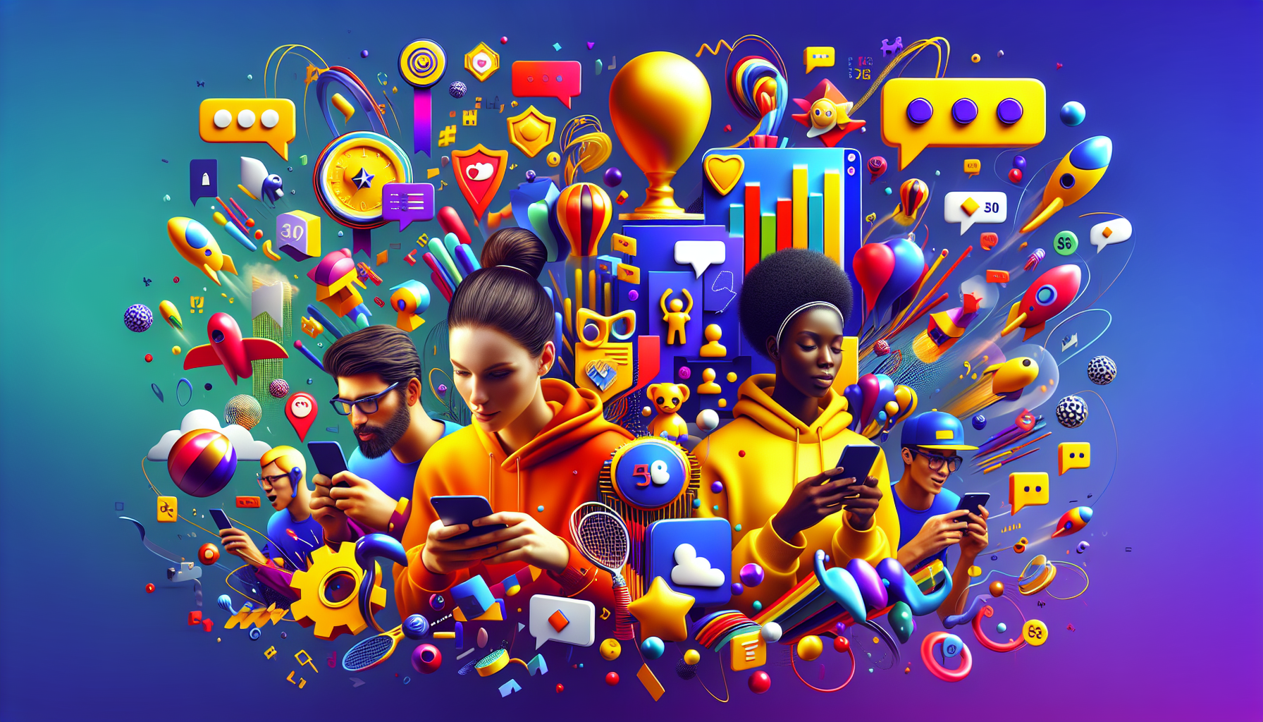 Illustration of diverse people using smartphones amidst colorful digital icons and elements representing social media, communication, and technology on a vibrant background, highlighting features of membership programs.