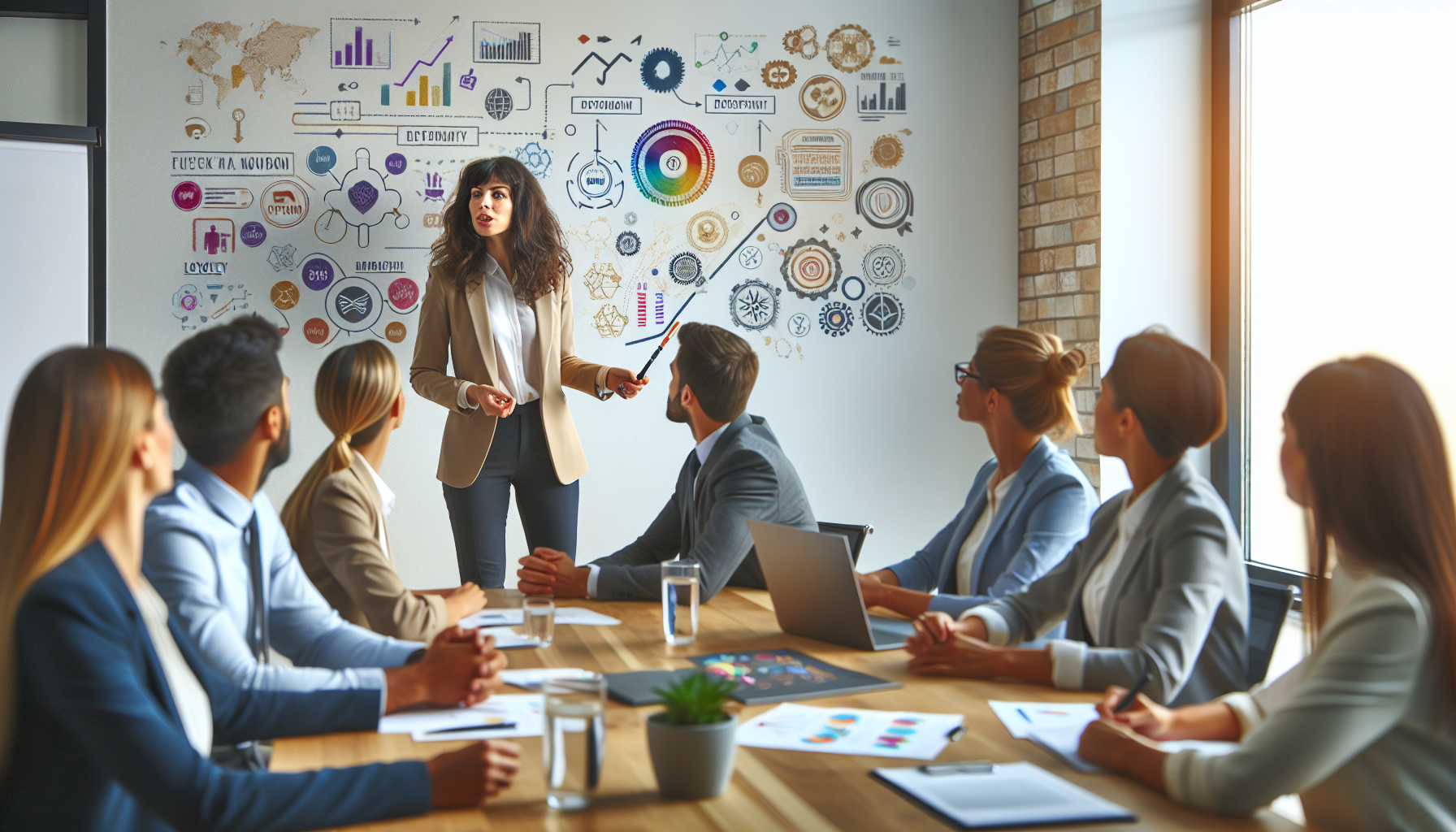 A woman stands pointing at a detailed presentation board, addressing a group of six seated colleagues in a modern meeting room. Charts, graphs, and diagrams on customer retention software are displayed behind her.