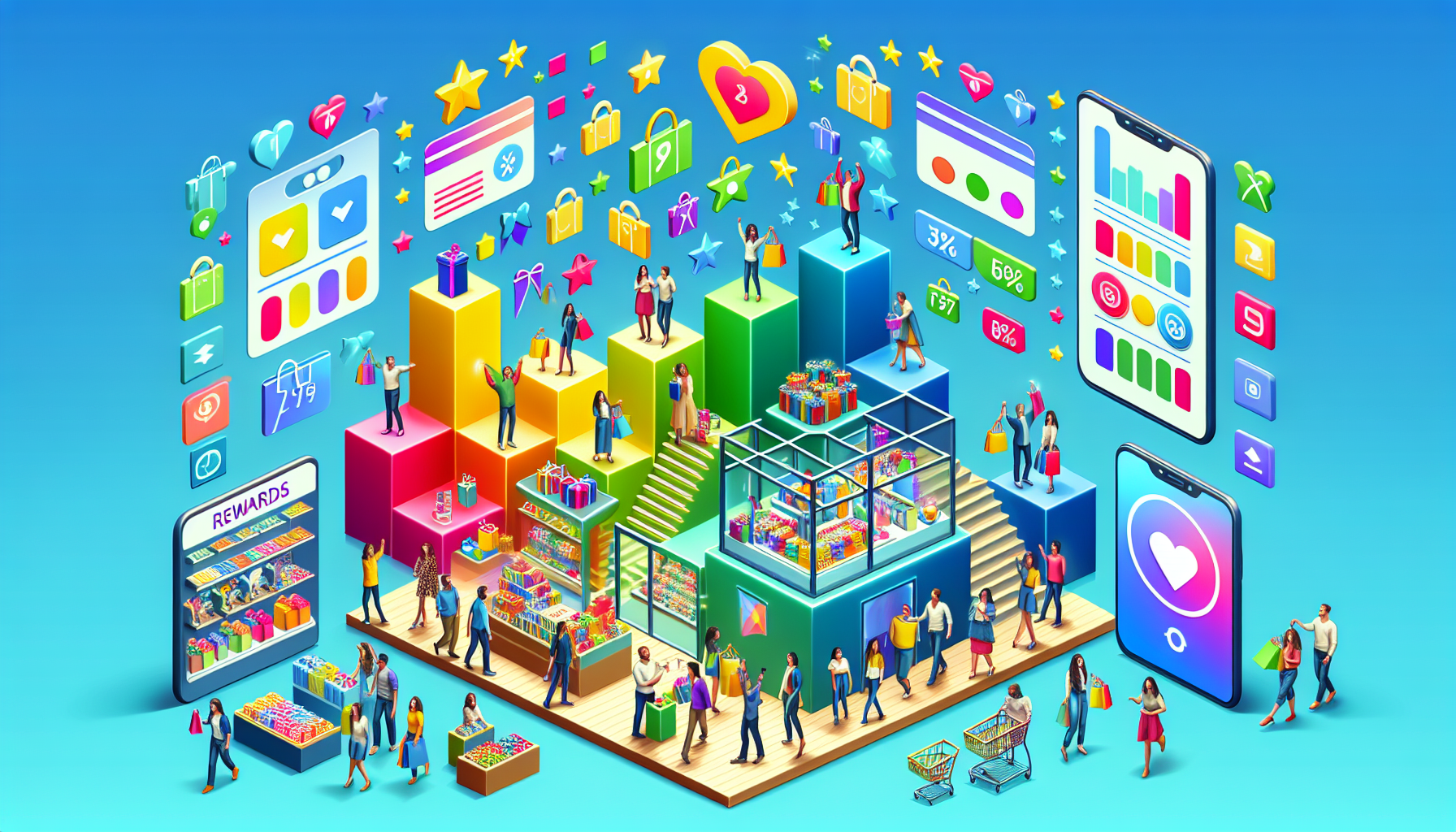 Illustration of a vibrant shopping mall scene with people browsing and purchasing items. Surrounding the mall are icons representing various digital activities, including a customer rewards program software and loyalty program software related to shopping.