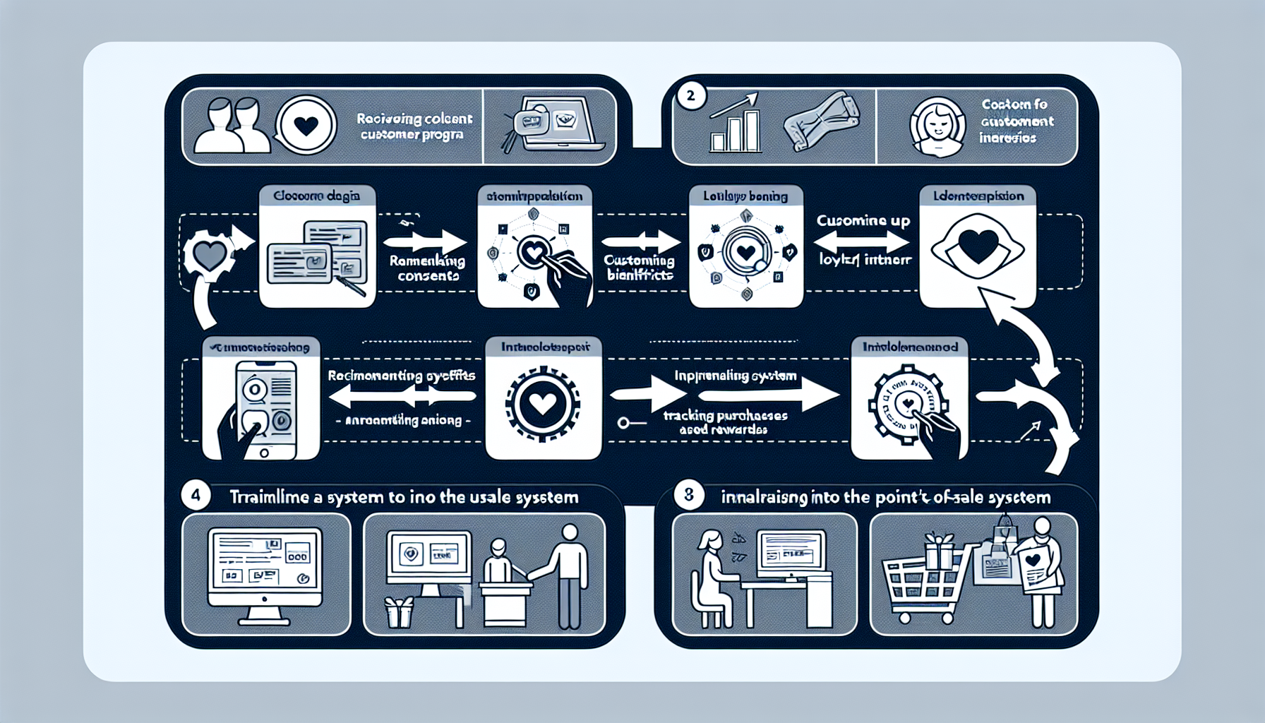 Flowchart illustrating a customer relationship program, seamlessly integrating loyalty card program software and analytics. It covers stages from classroom design and rewards to point-of-sale interaction, with accompanying icons and images for enhanced customer retention.