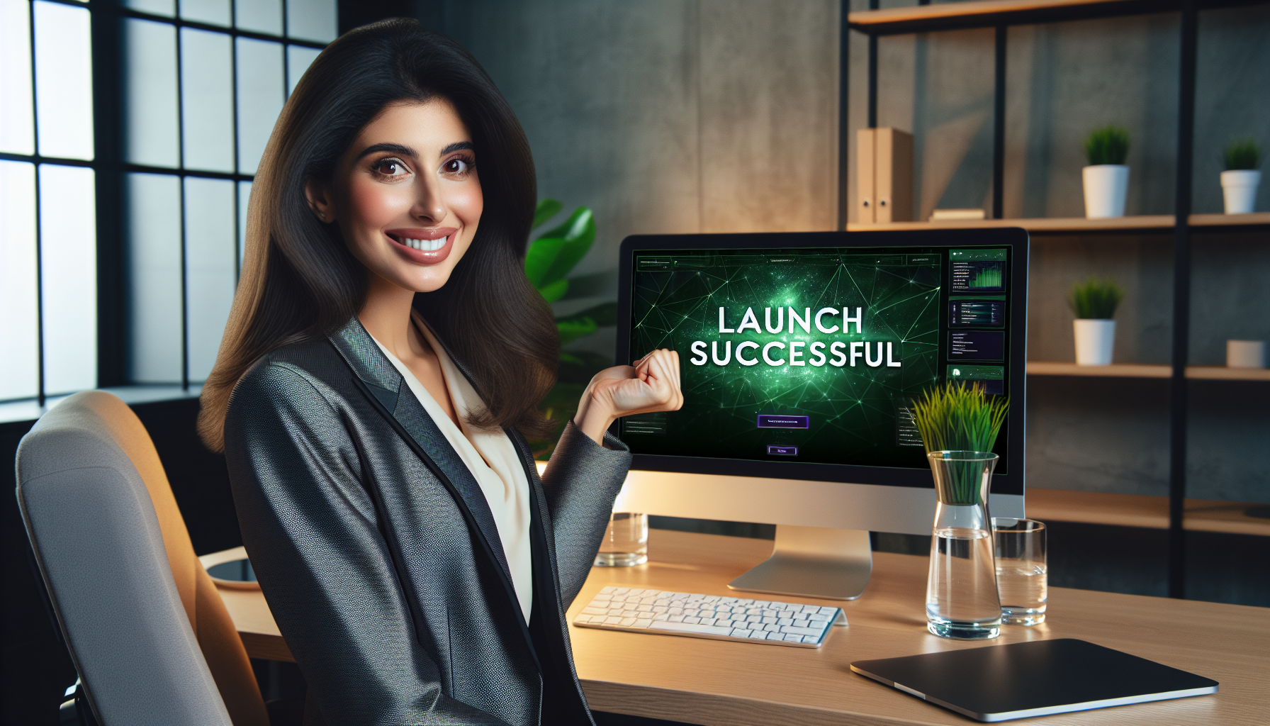 A woman in a business suit sits at a desk beside a computer screen displaying the message "LAUNCH SUCCESSFUL." She is smiling and gesturing towards the screen. Office supplies, a plant, and her smartphone with a digital rewards program app open are on the desk.