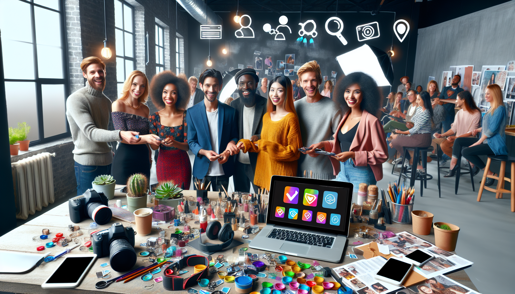 A diverse group of people gathered in a studio behind a table filled with gadgets, art supplies, and a laptop displaying colorful icons, discussing loyalty incentives for photographers.