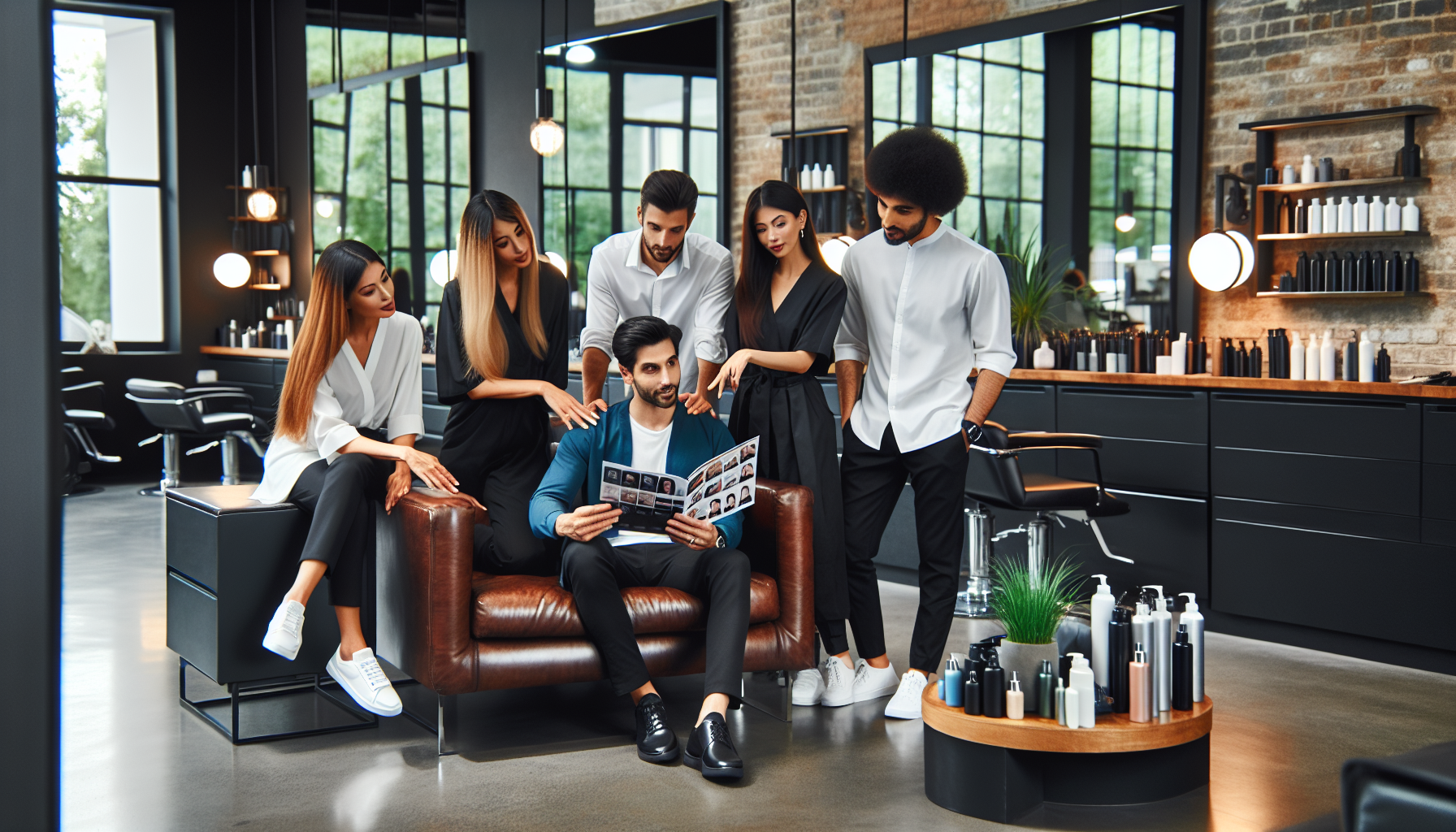 In a chic hub of the beauty industry, six people gather in a modern salon, animatedly discussing hairstyles from a brochure. Around the seated person, large windows accentuate shelves stocked with hair products, reflecting their commitment to customer retention through loyalty incentives.