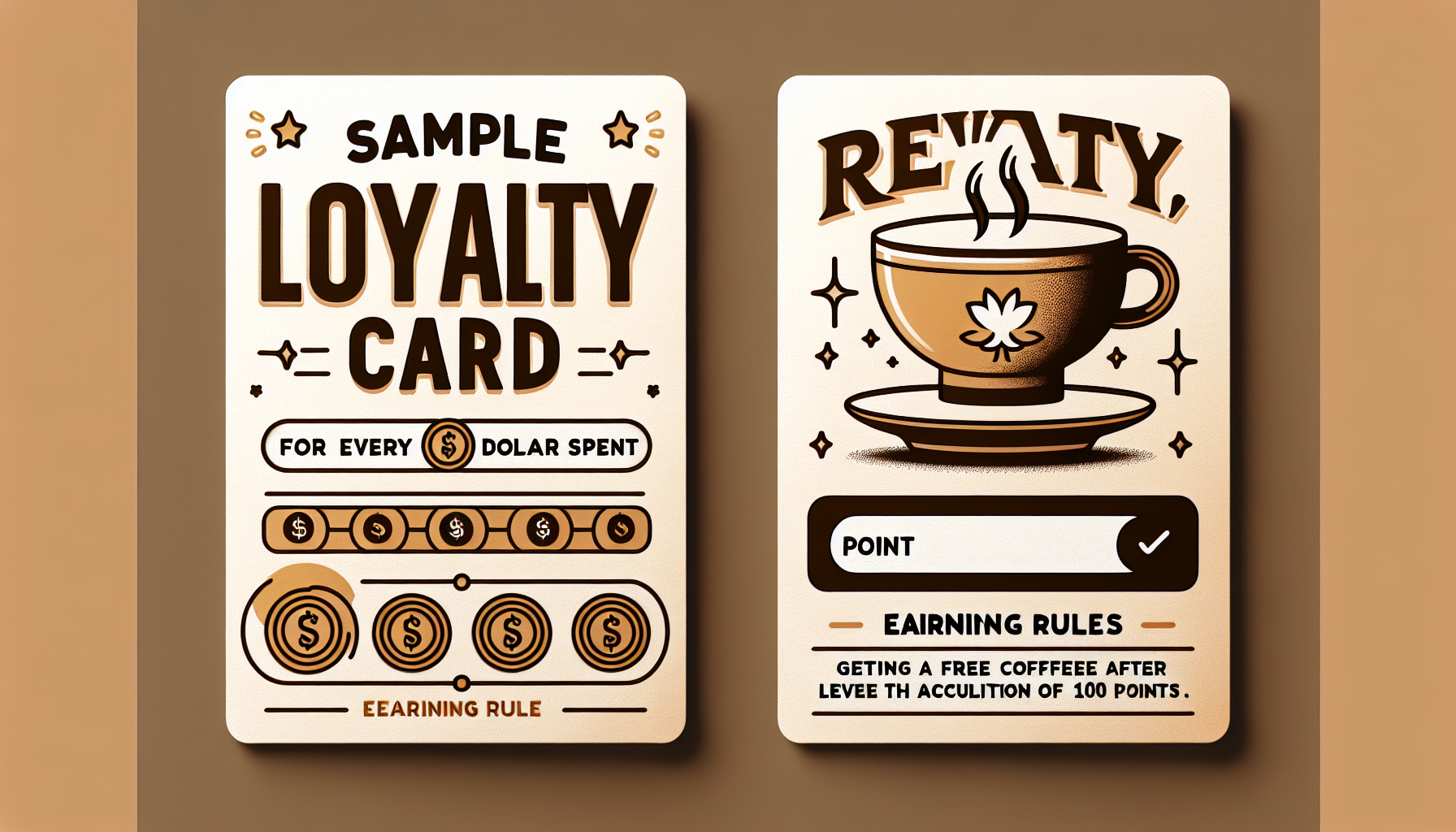 A sample Starbucks loyalty card design featuring a coffee cup. The card outlines earning rules within the Starbucks Stars point system, rewarding a free coffee after accumulating 100 stars.