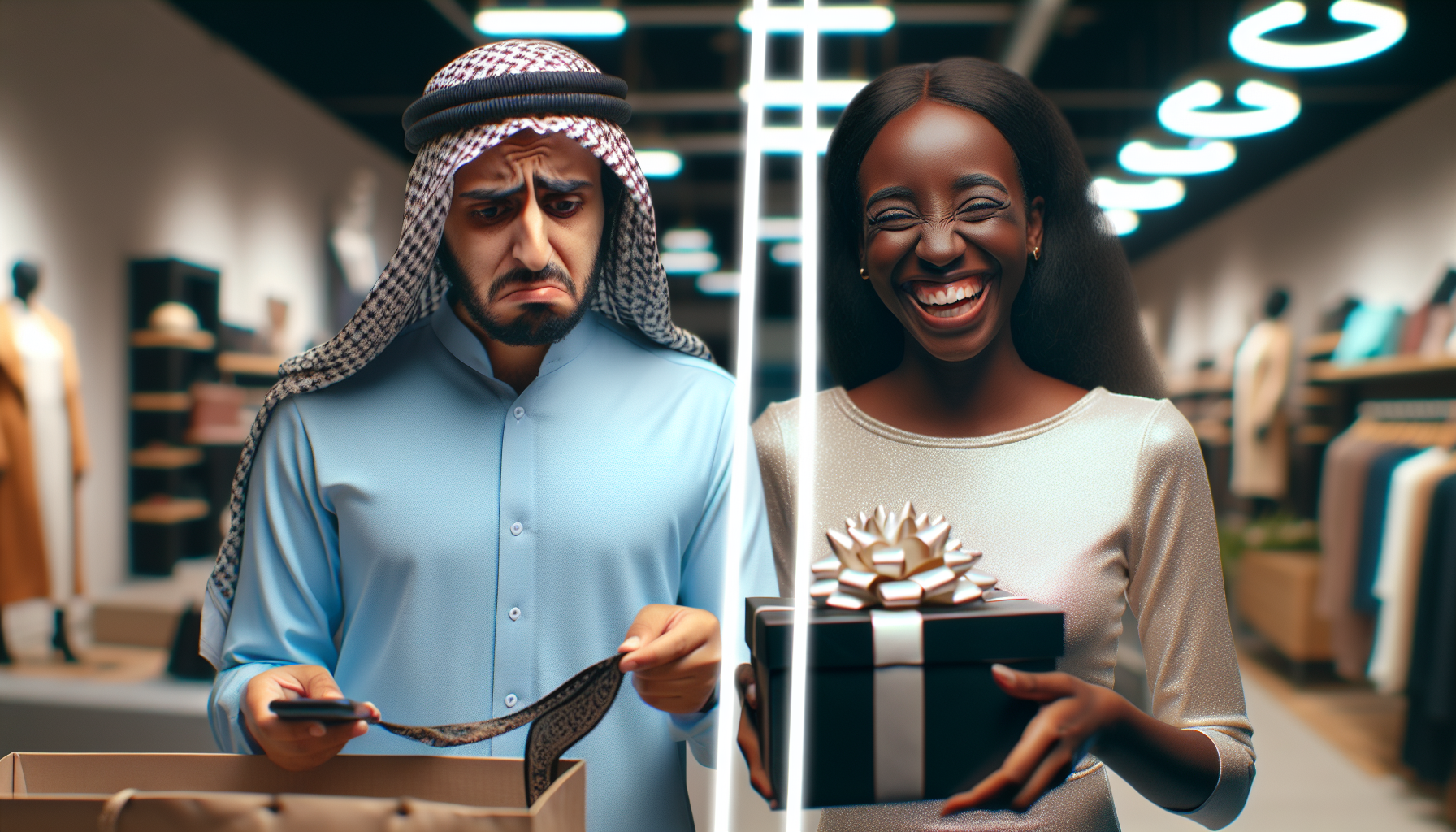 Image showing a man in traditional attire looking displeased at a necktie, and a woman smiling and holding a gift box in a clothing store. A split effect separates them, showcasing customer behavior analysis and the need for personalized marketing.