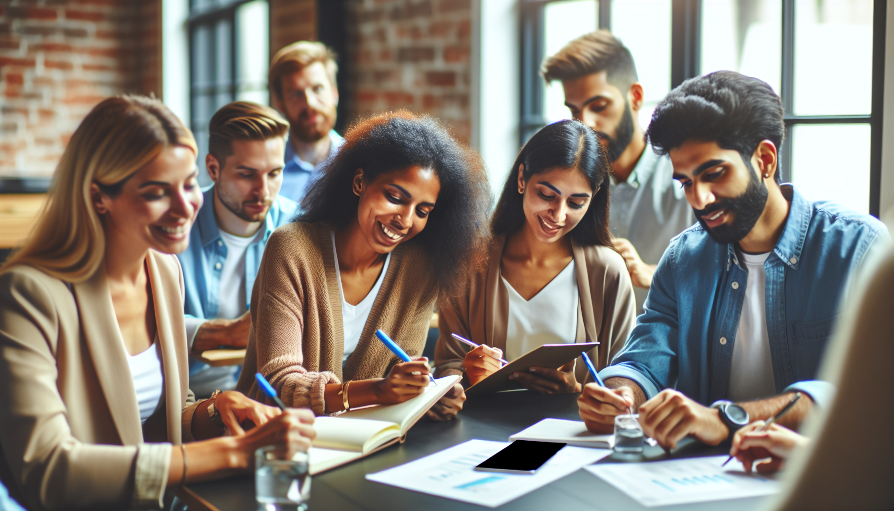 A group of seven diverse individuals, seated around a table, are engaging in a discussion about customer retention strategies while taking notes. Some are using notebooks, tablets, and pens in a well-lit room with large windows.