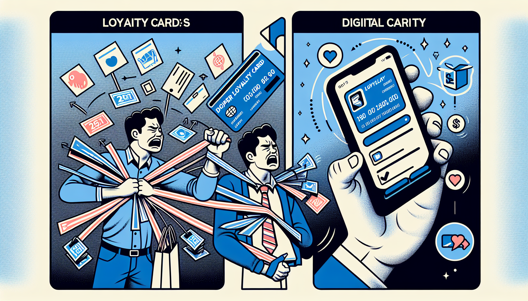 Two panels: Left shows a frustrated man overwhelmed by numerous loyalty cards. Right shows a hand holding a smartphone with a digital wallet app displaying consolidated loyalty points from multiple loyalty programs, offering personalized experiences and seamless digital customer loyalty.