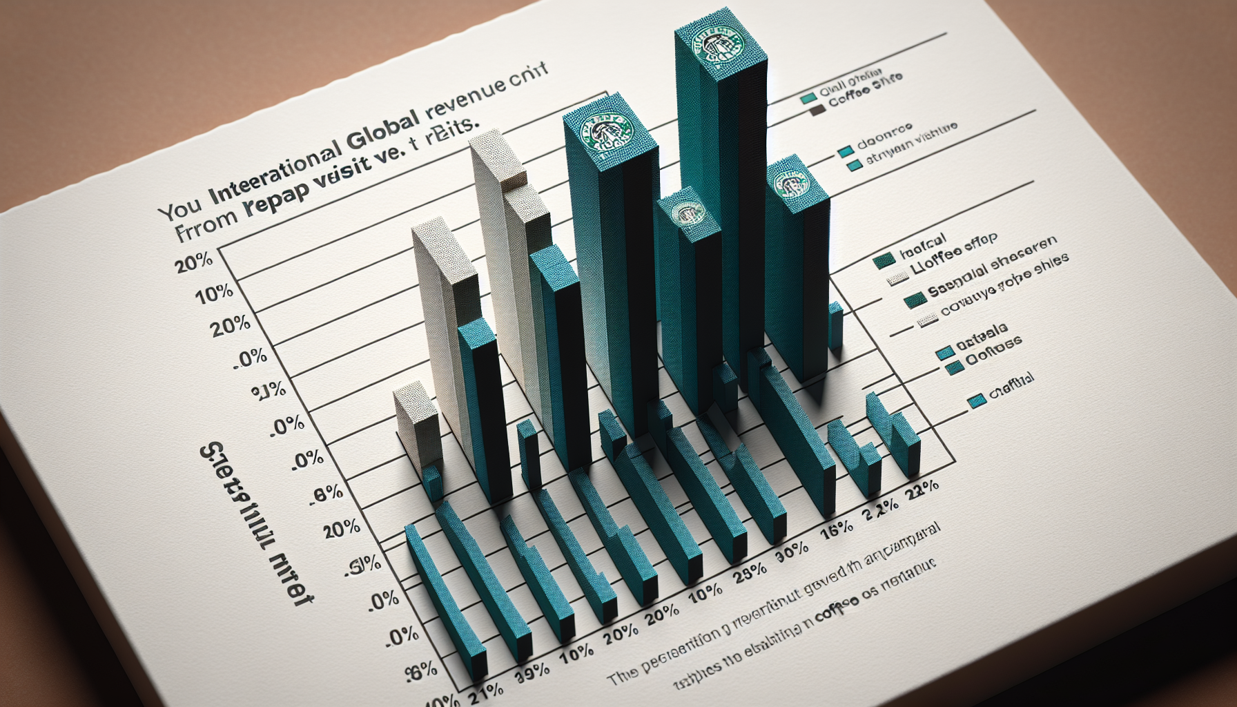 A 3D bar chart displays international and global revenue changes across various categories with percentage values on the Y-axis, illustrating aspects of the Starbucks loyalty program. Some text and labels are blurred or unreadable.