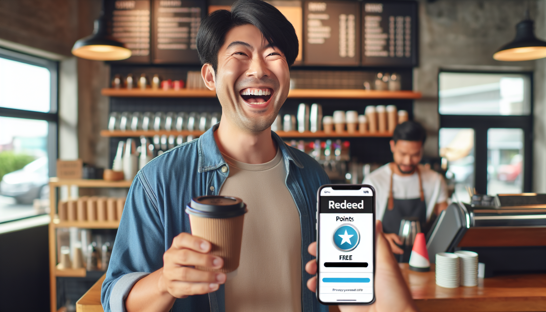 A man holds a coffee cup while smiling, and another hand shows a smartphone with a "Redeemed Points" notification for a free item in a café setting, highlighting the Starbucks loyalty program benefits.